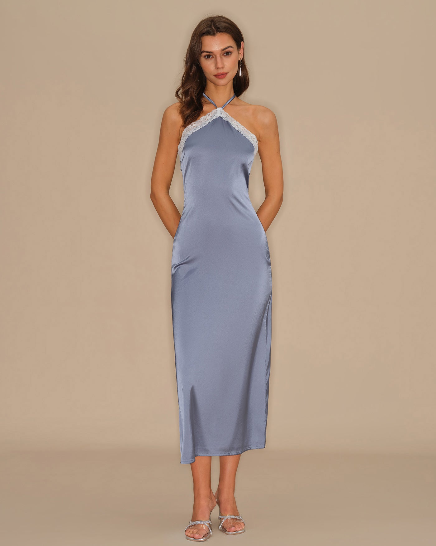 Vestido Midi Slip Halter — Azul