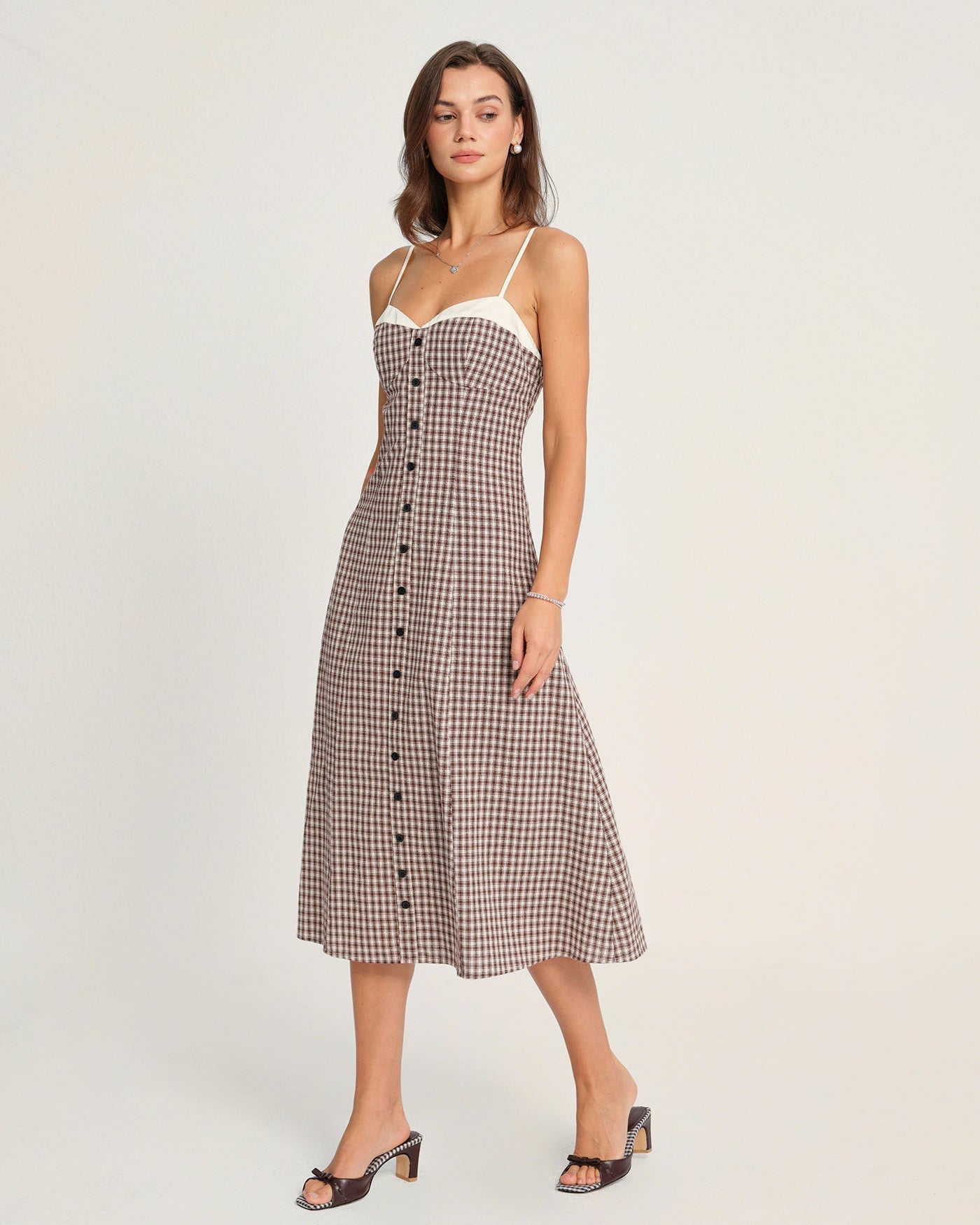 Vestido Midi Slip de Cuadros — Café