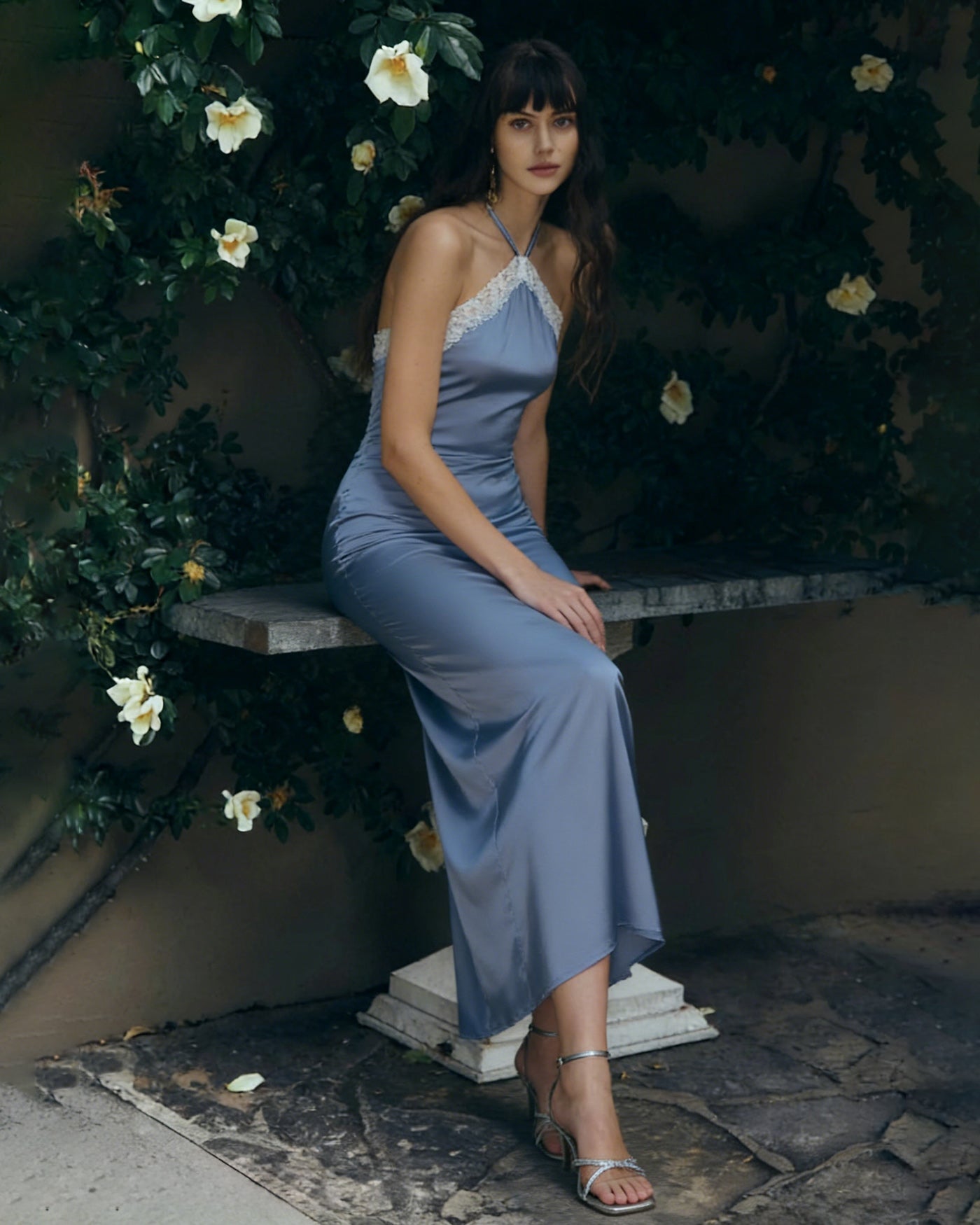 Vestido Midi Slip Halter — Azul