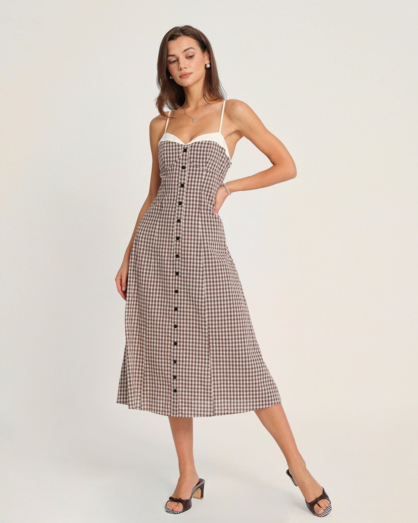 Vestido Midi Slip de Cuadros — Café