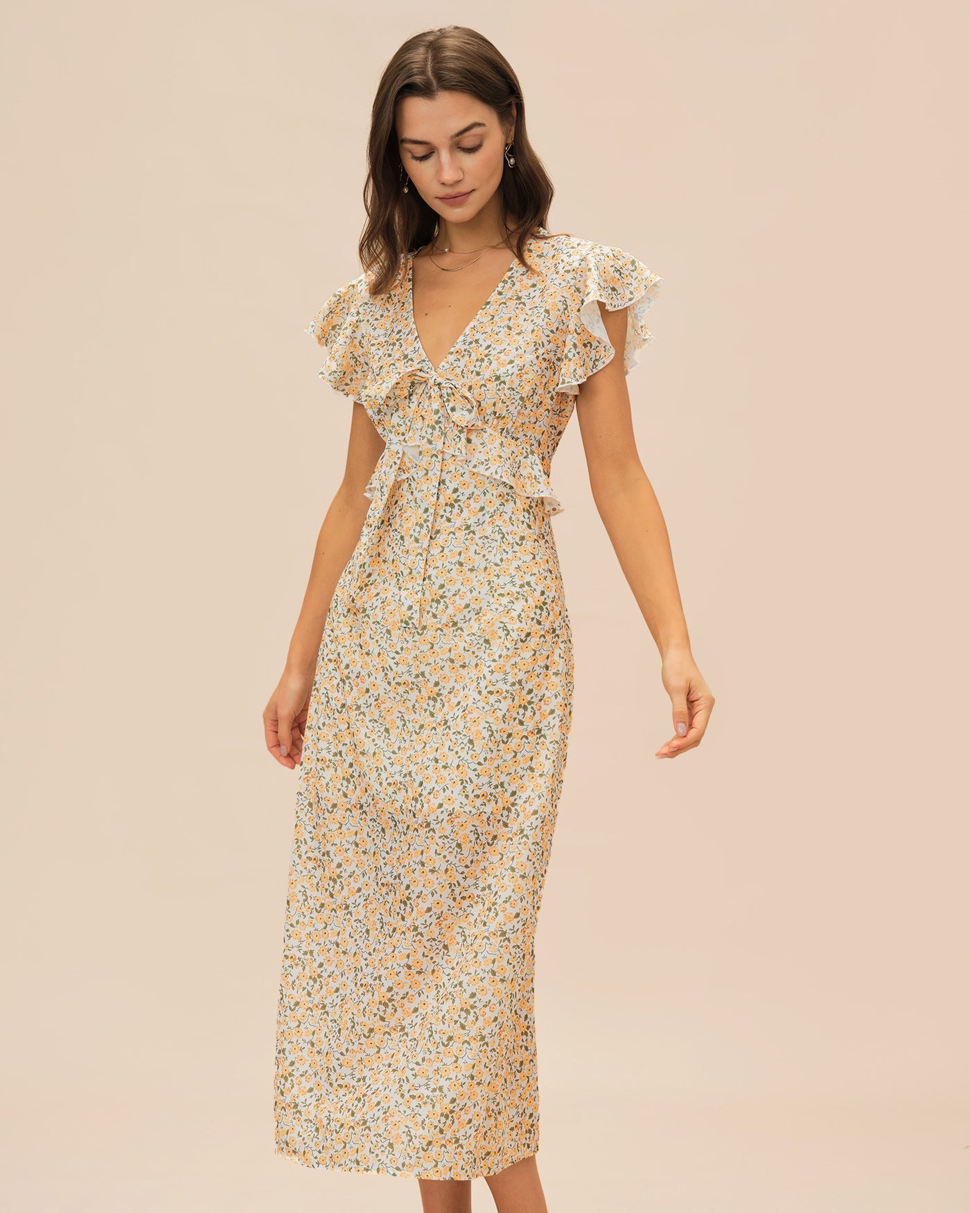 Vestido Midi Floral con Volantes Escote en V — Amarillo