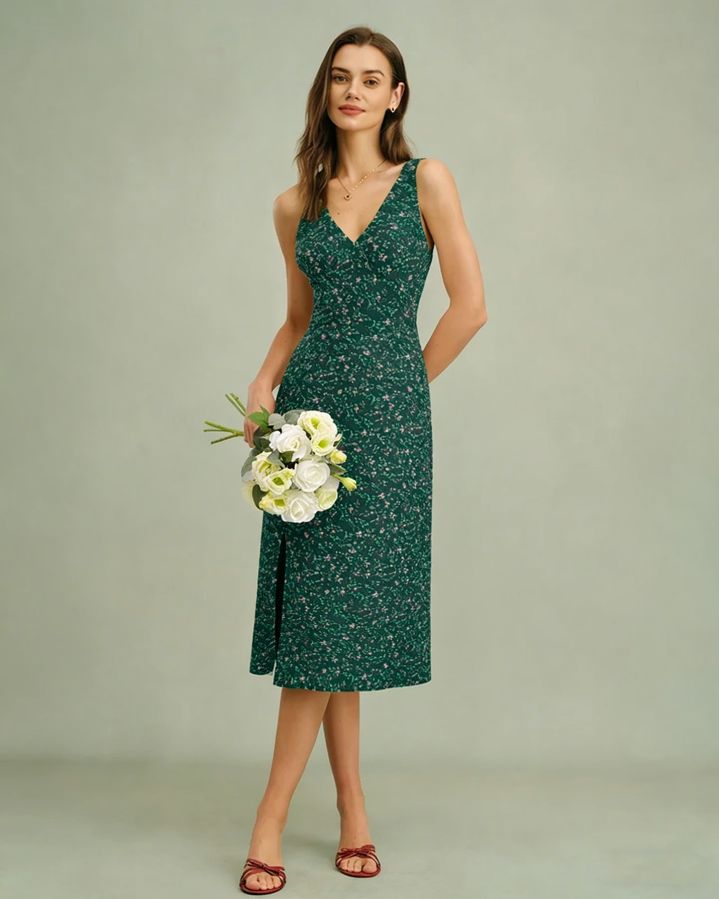 Vestido Midi Floral Escote en V — Verde