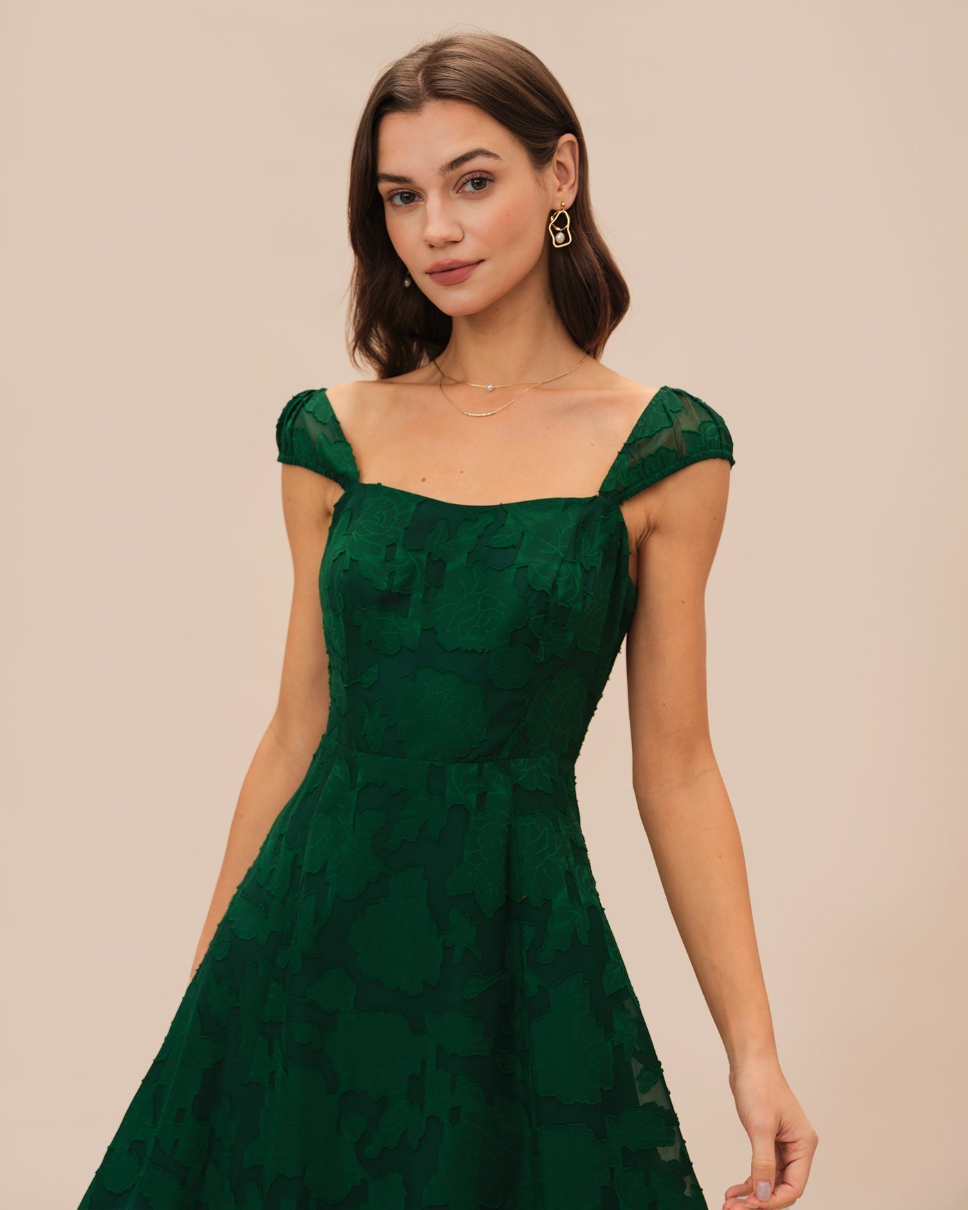 Vestido Midi Jacquard Manga Casquillo — Verde