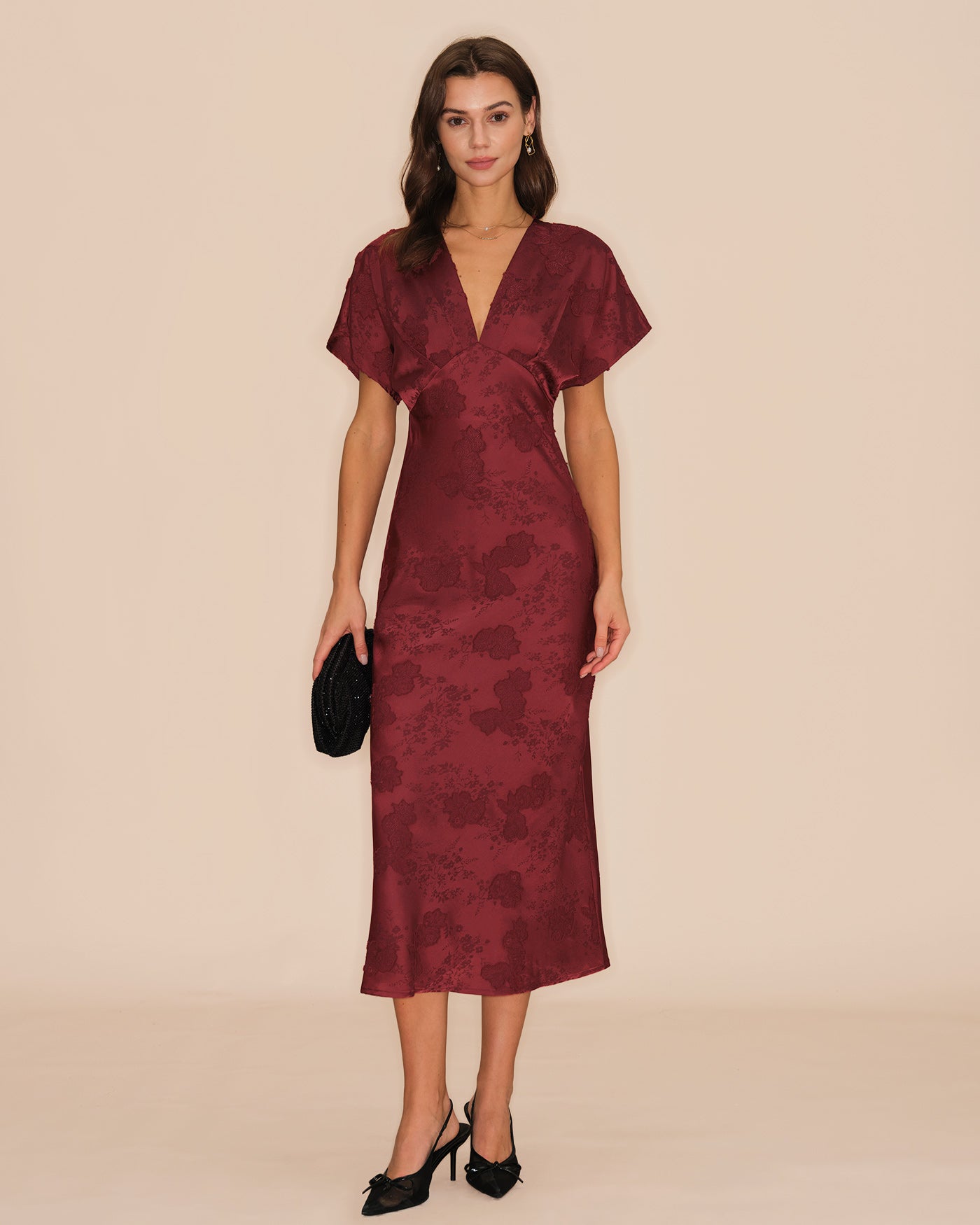 Vestido Midi Jacquard Escote en V — Granate