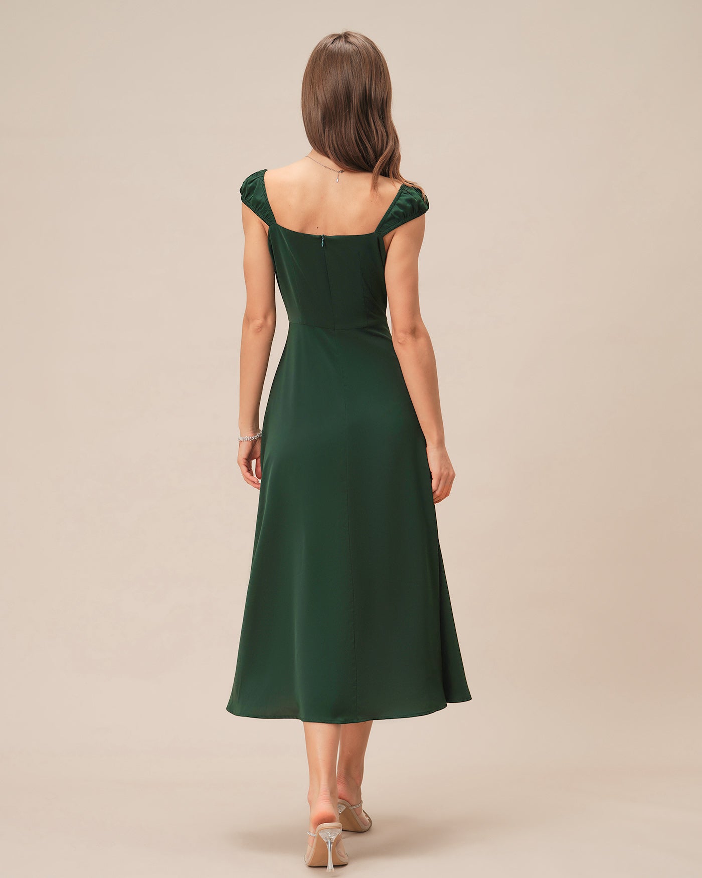 Vestido Midi Escote Cuadrado Manga Casquillo — Verde