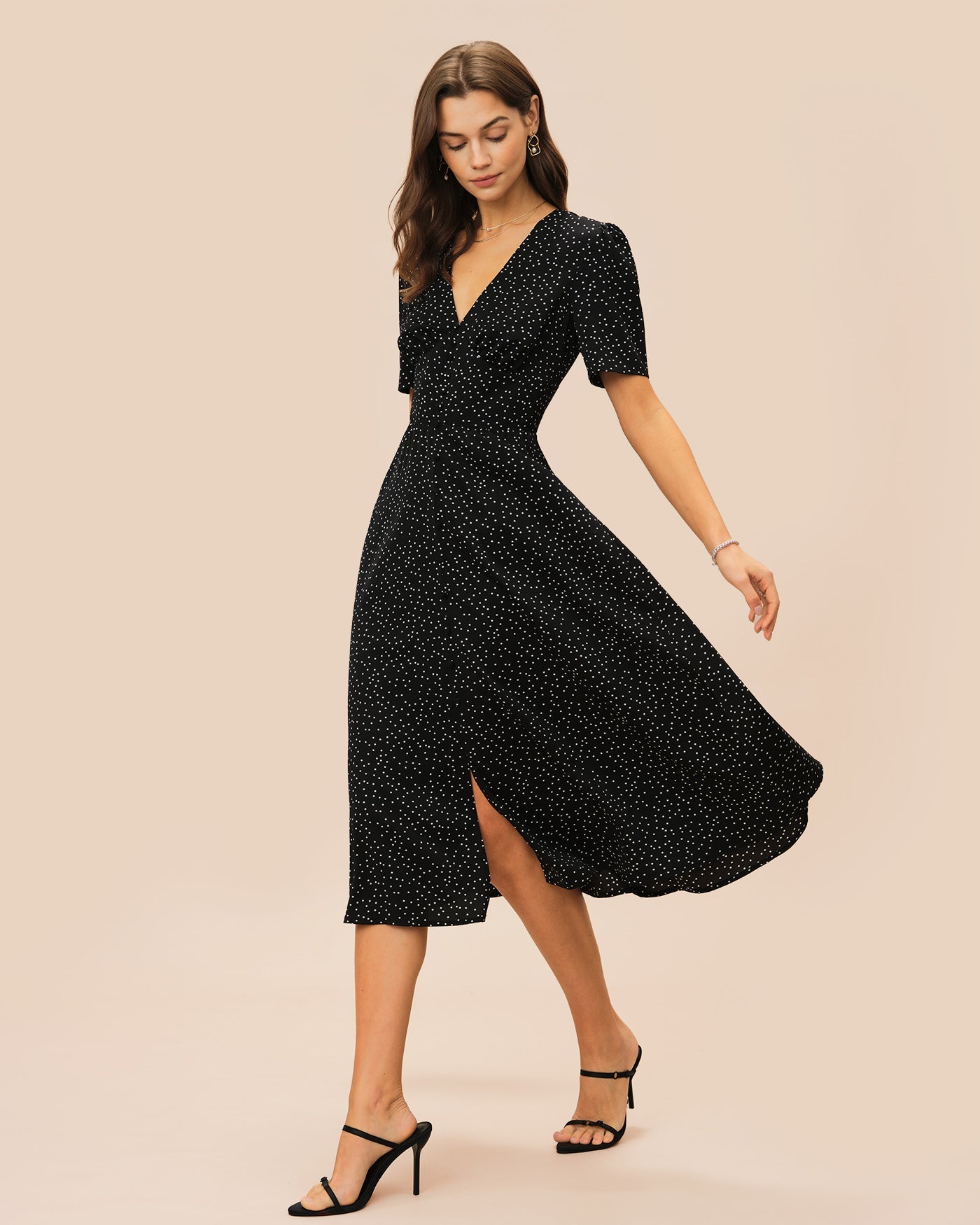 Vestido Midi de Lunares Manga Abullonada — Negro