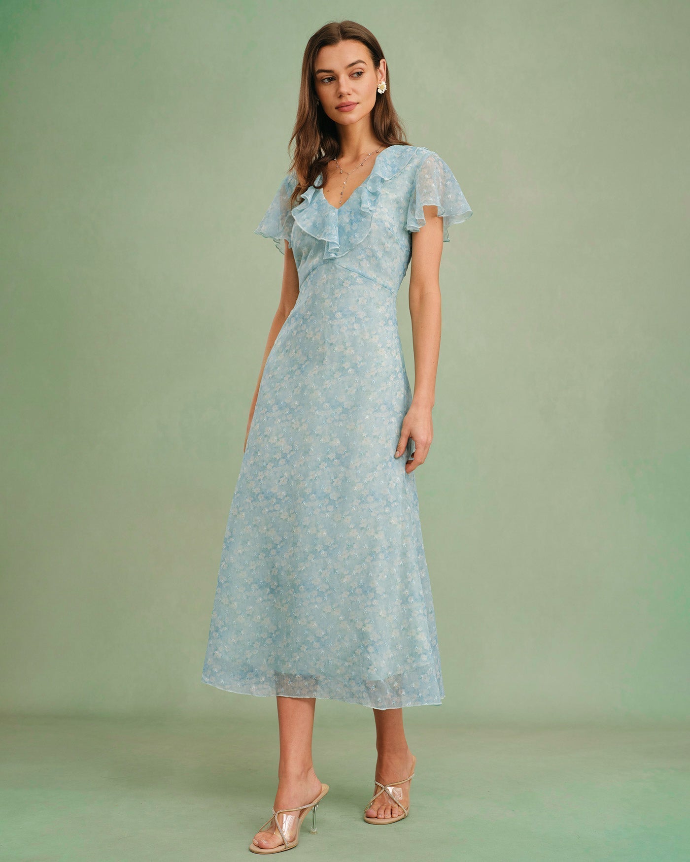 Vestido Midi Floral con Volantes y Escote en V — Azul
