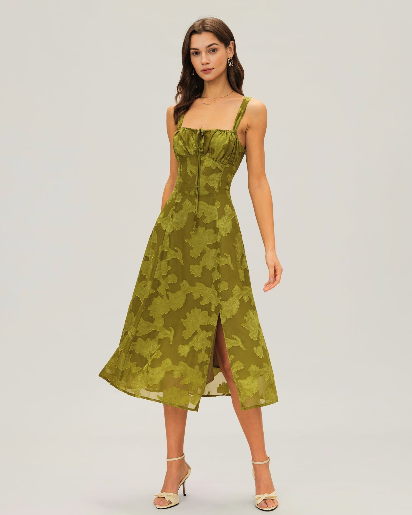Vestido Midi Jacquard Escote Cuadrado — Verde