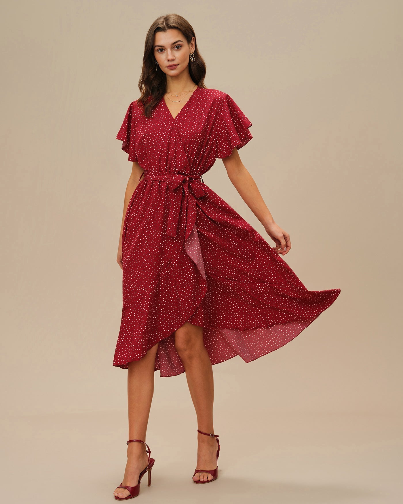Vestido Midi de Lunares Manga Mariposa — Rojo