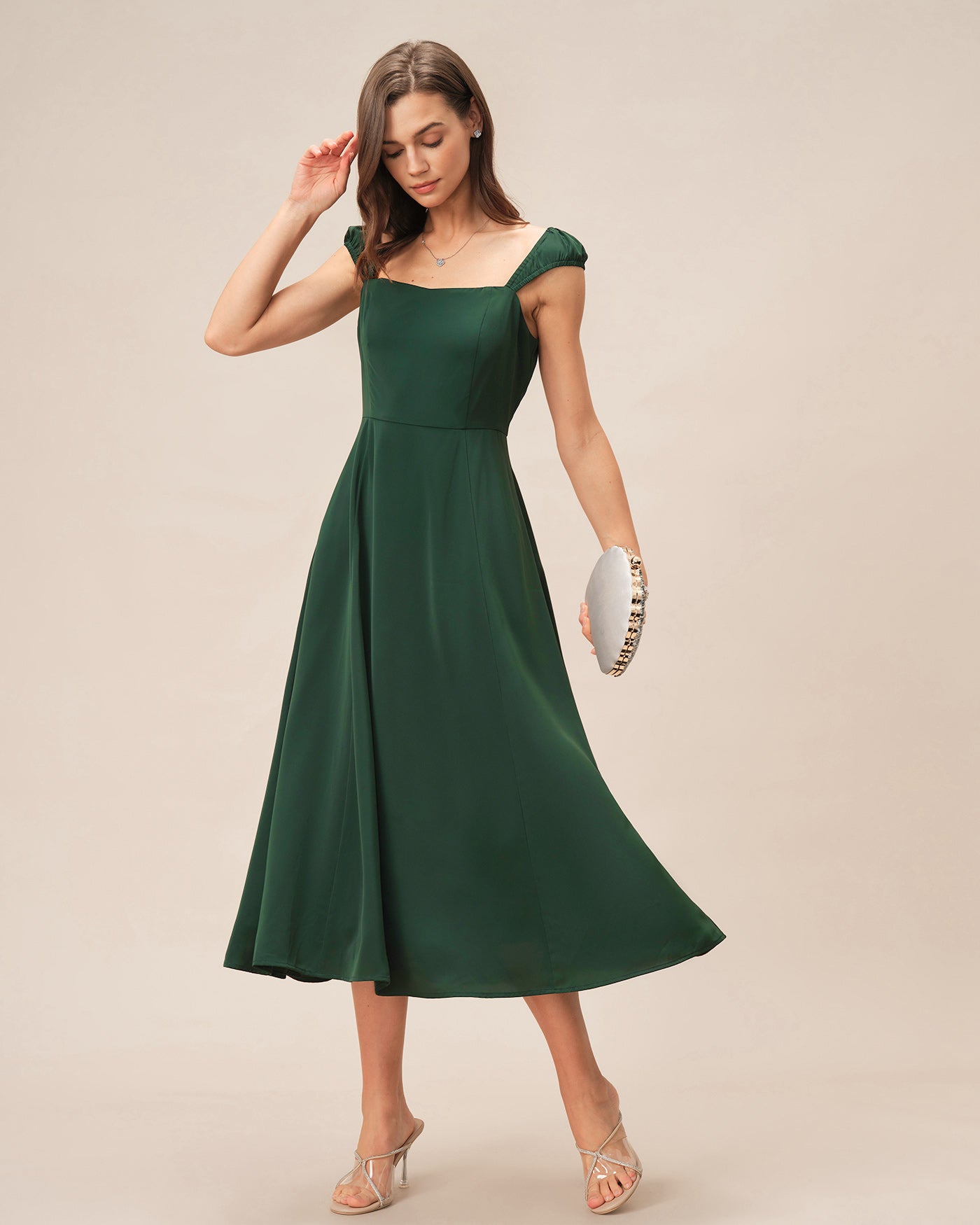Vestido Midi Escote Cuadrado Manga Casquillo — Verde