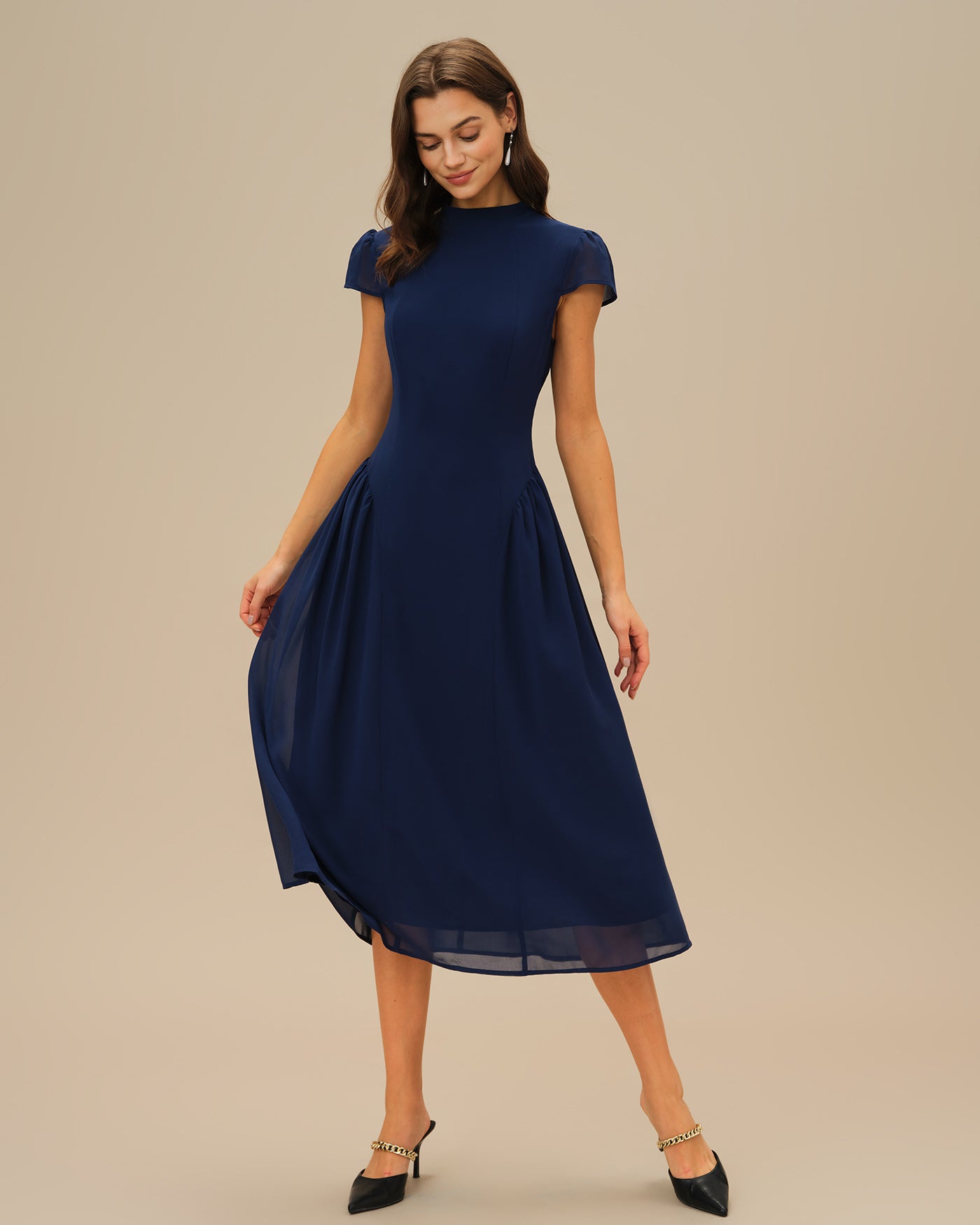 Vestido Midi Manga Abullonada — Azul