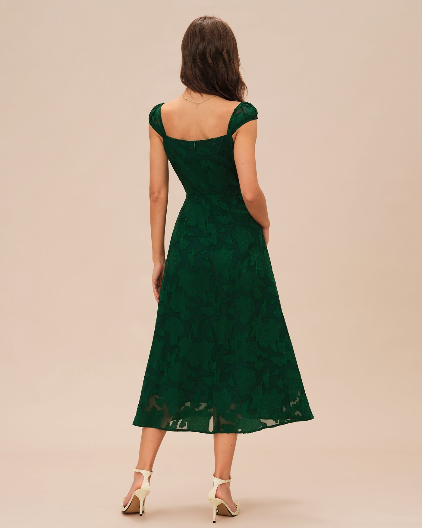 Vestido Midi Jacquard Manga Casquillo — Verde