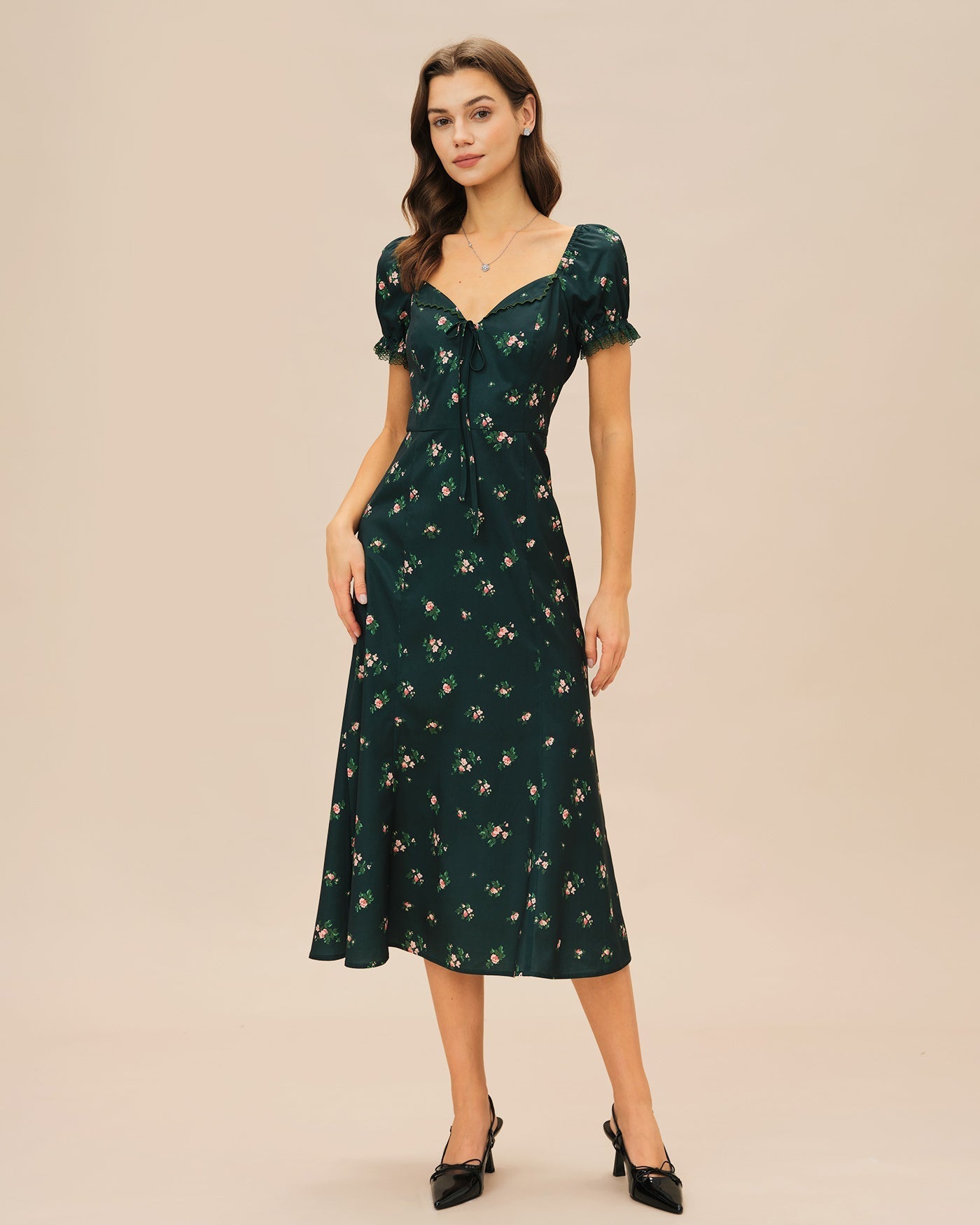 Vestido Midi Floral Manga Abullonada — Verde