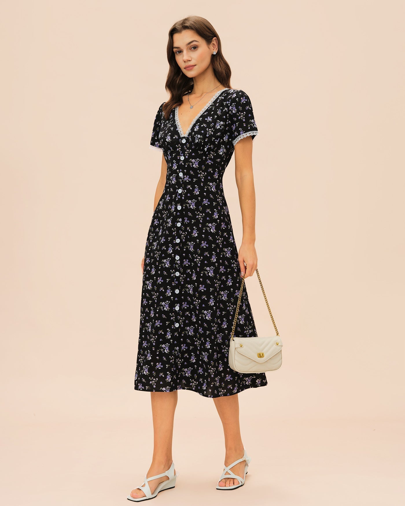 Vestido Midi Floral con Encaje Escote en V — Negro