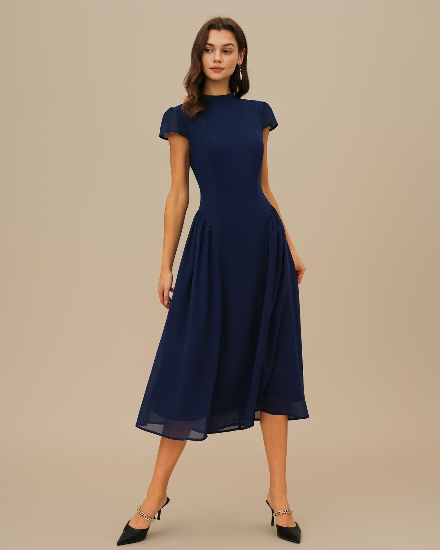 Vestido Midi Manga Abullonada — Azul