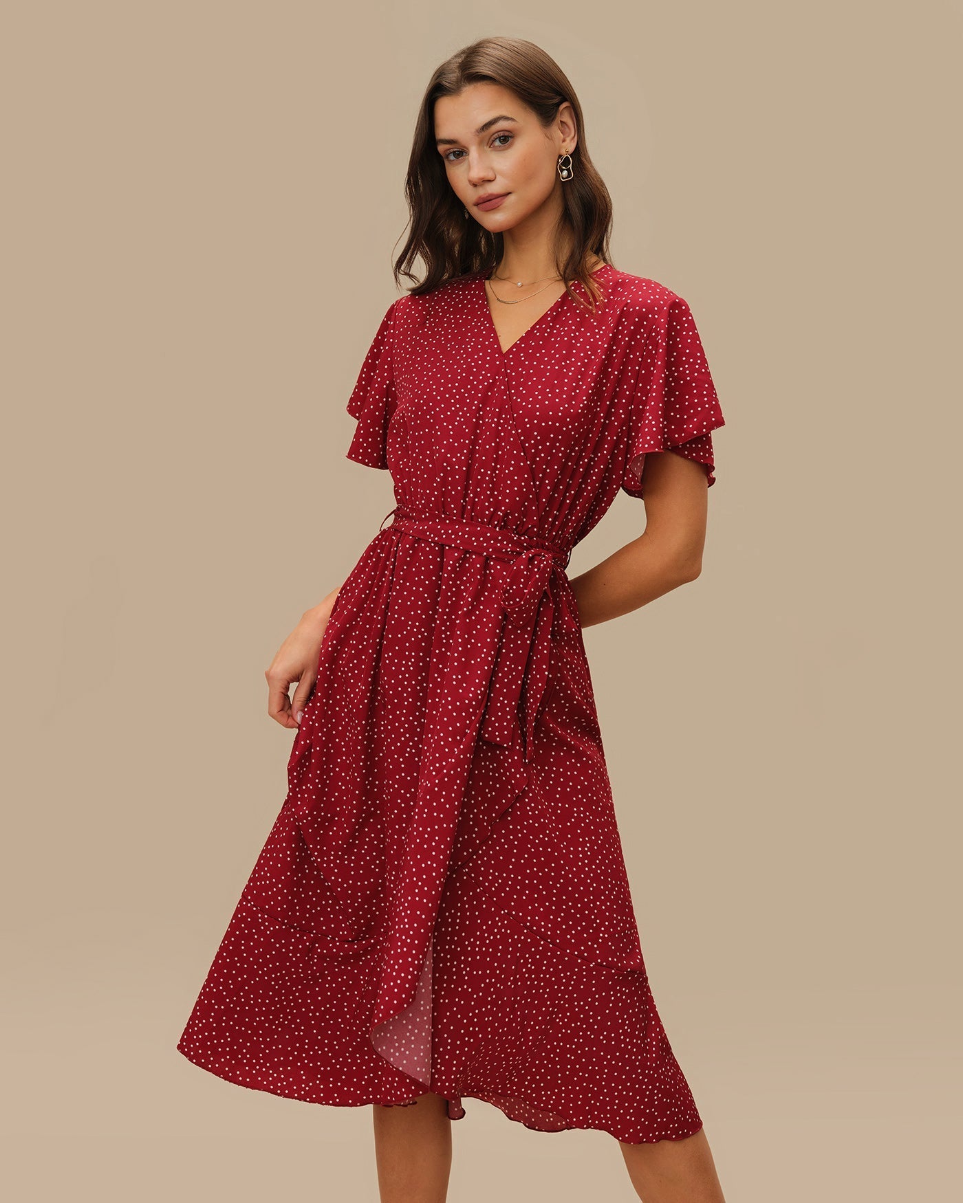 Vestido Midi de Lunares Manga Mariposa — Rojo
