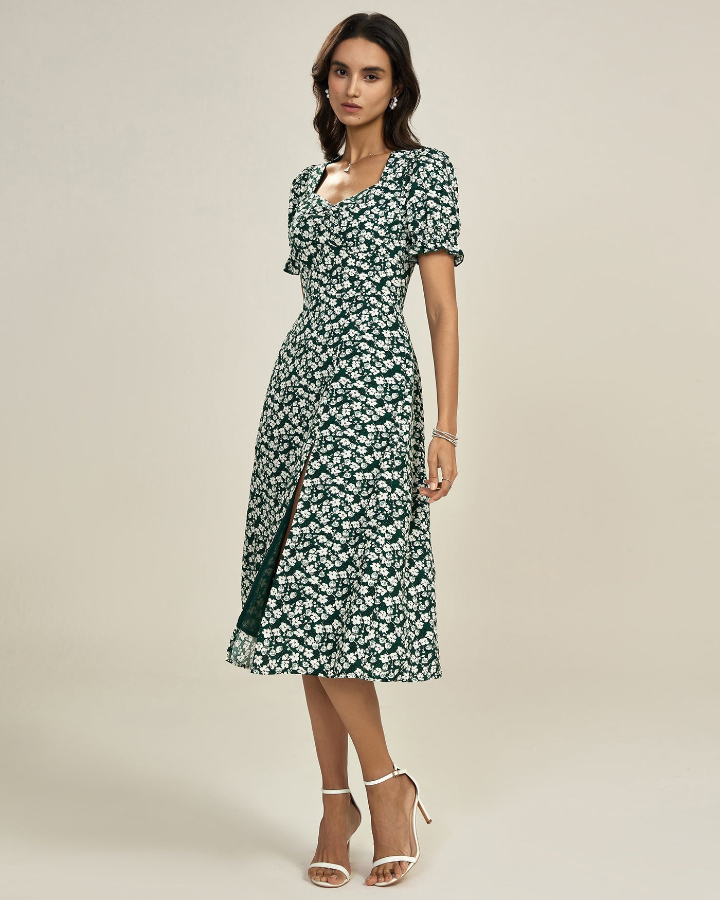 Vestido Midi Floral Escote en V — Verde