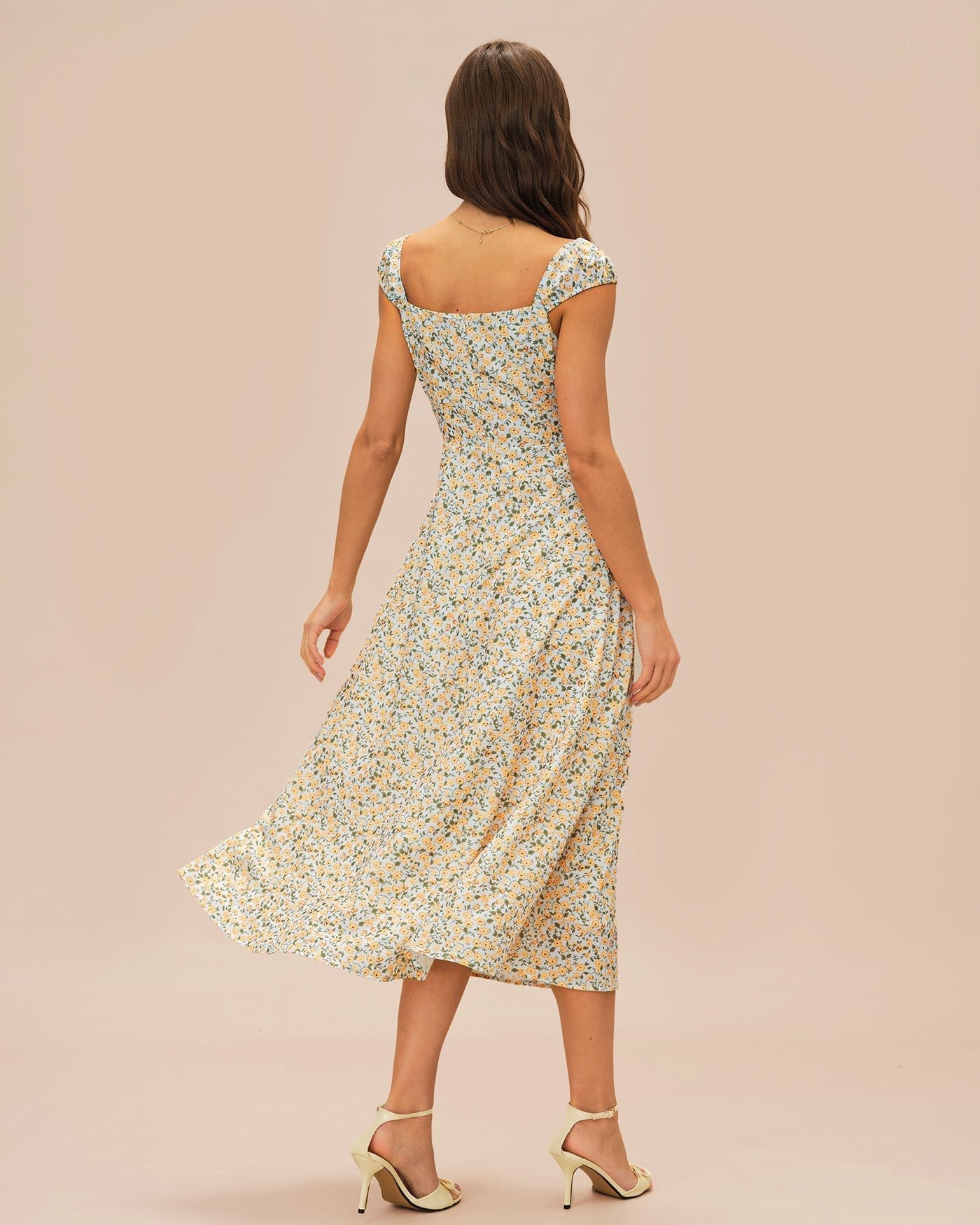 Vestido Midi Floral Escote Cuadrado — Amarillo