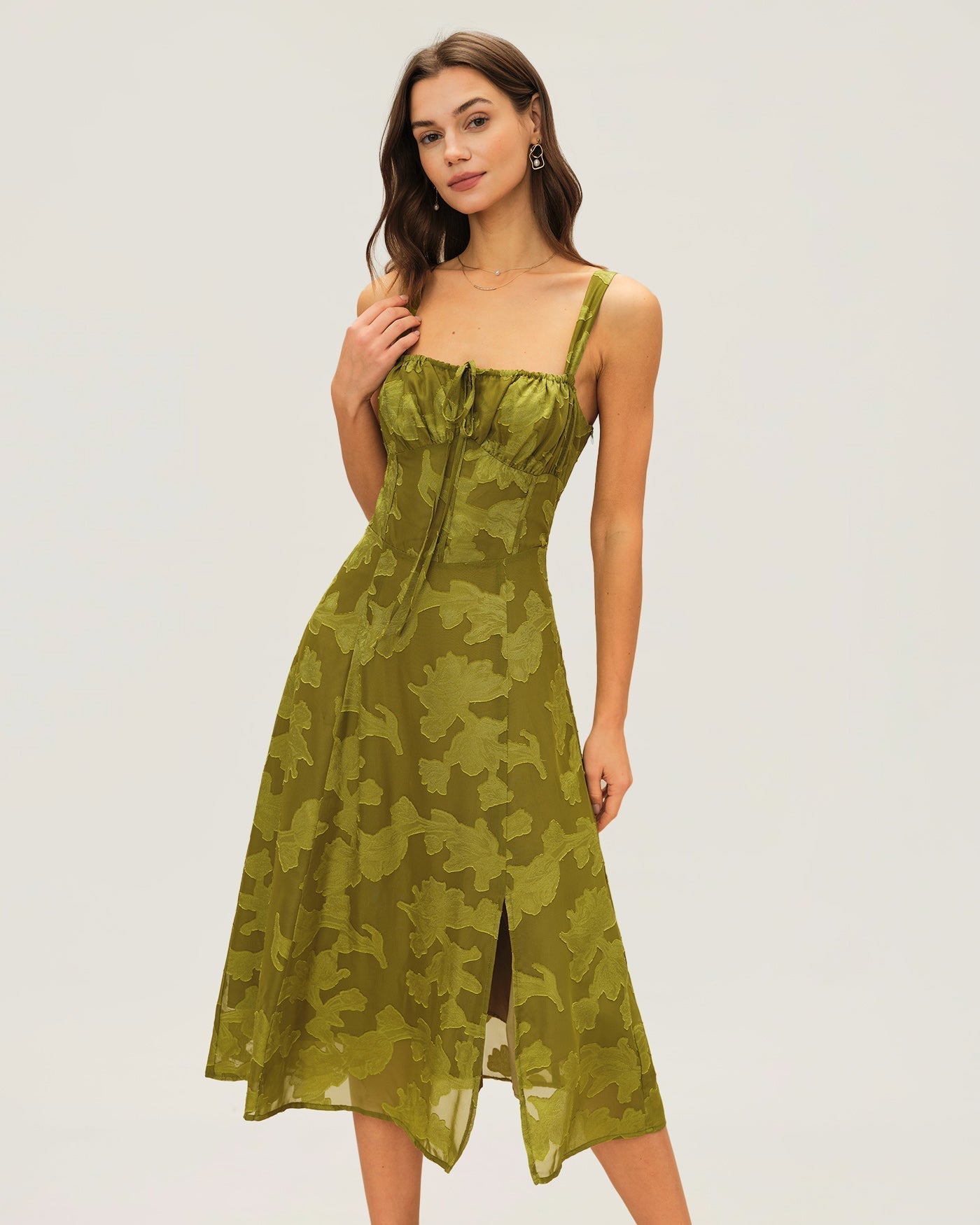 Vestido Midi Jacquard Escote Cuadrado — Verde