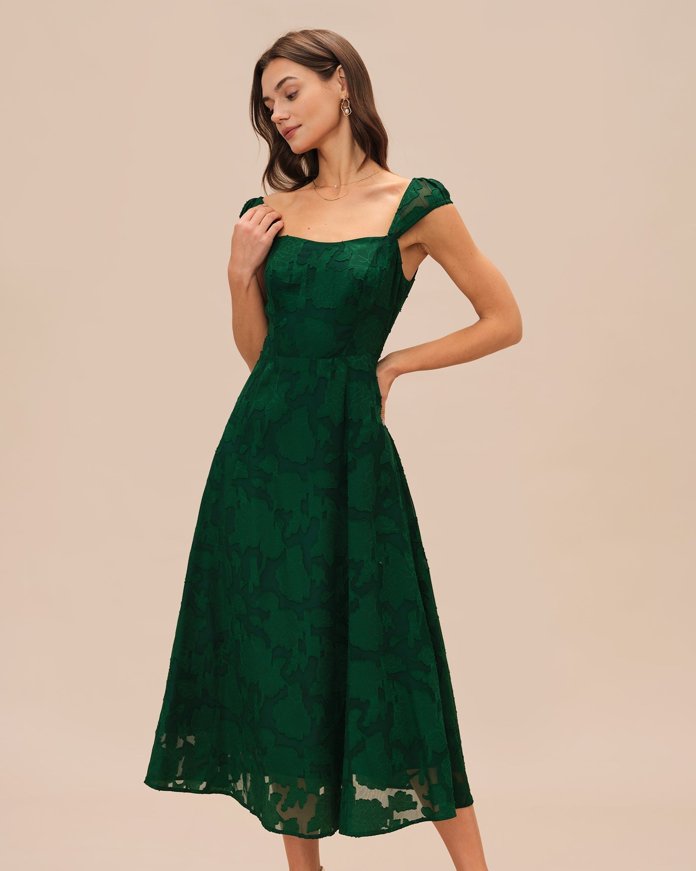 Vestido Midi Jacquard Manga Casquillo — Verde