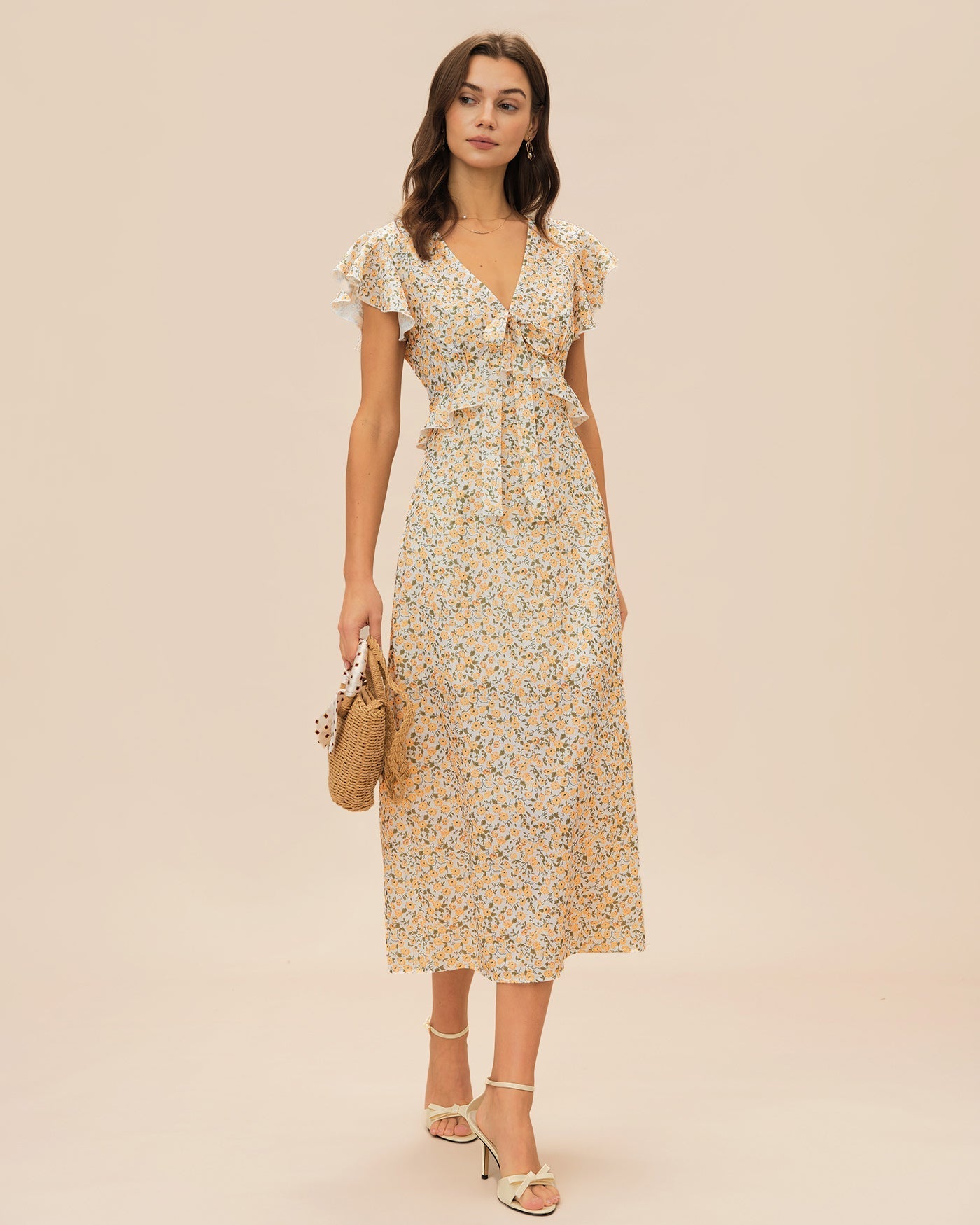Vestido Midi Floral con Volantes Escote en V — Amarillo