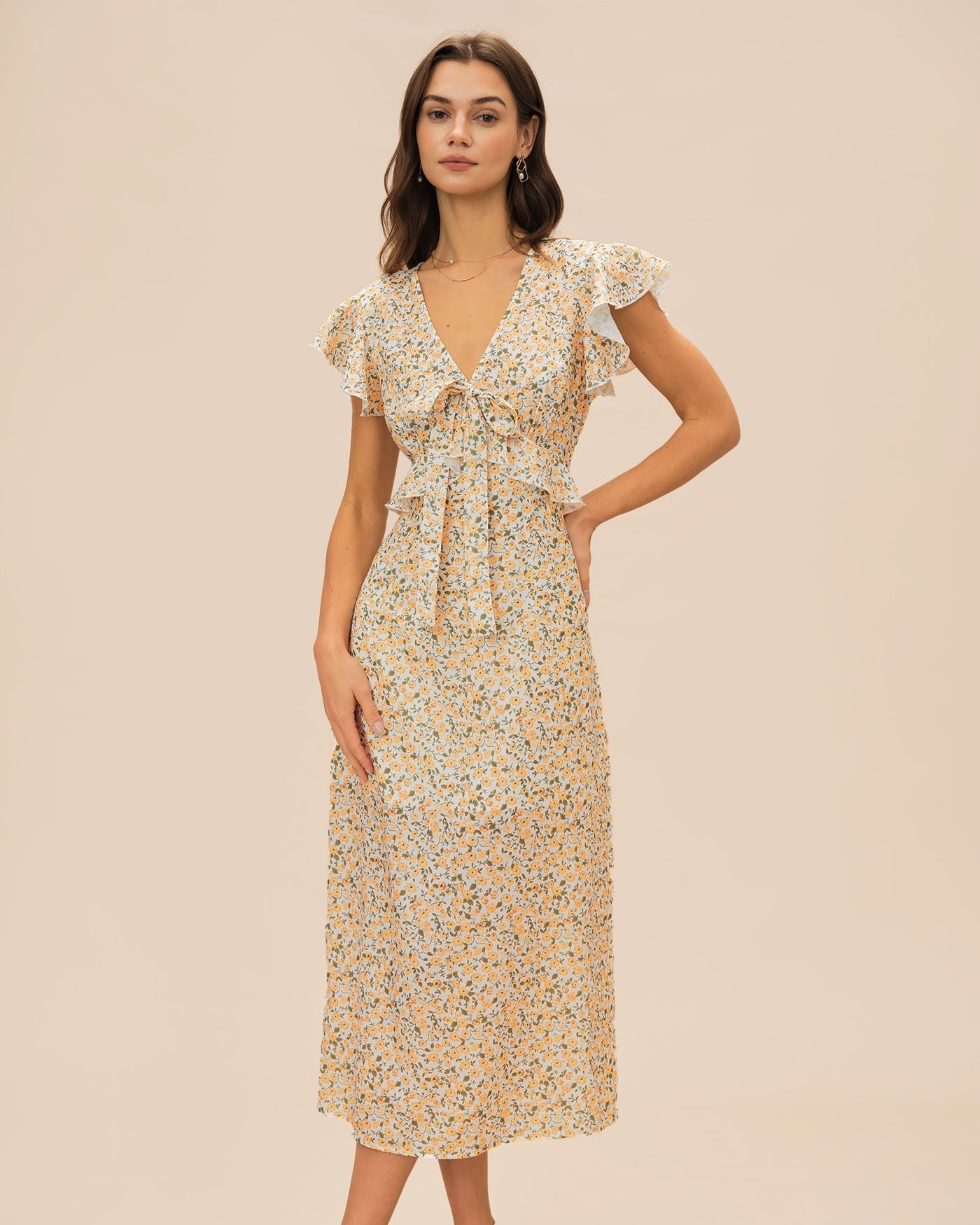Vestido Midi Floral con Volantes Escote en V — Amarillo