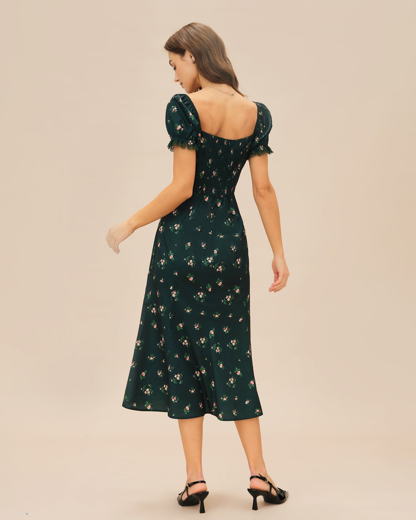 Vestido Midi Floral Manga Abullonada — Verde
