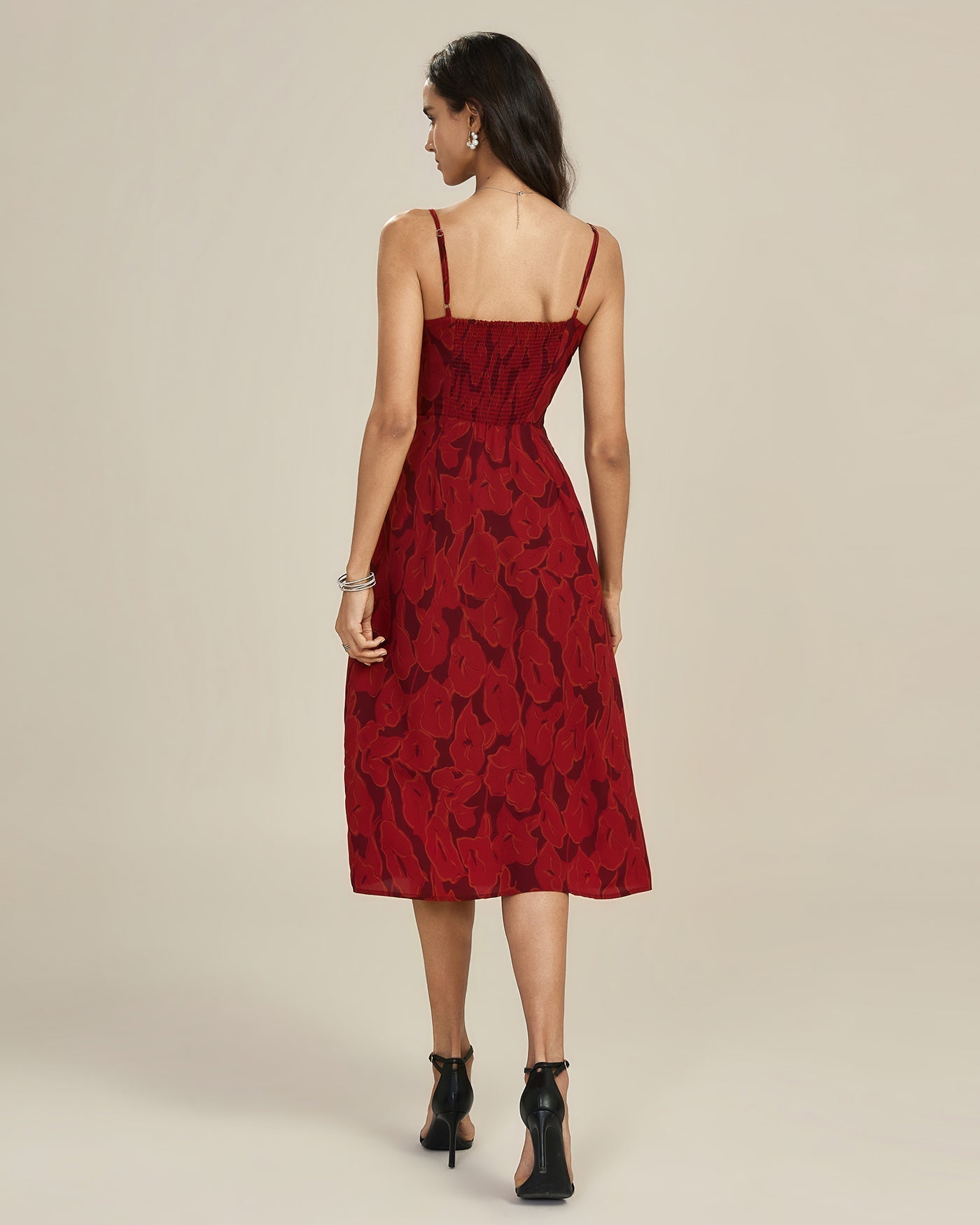 Vestido Midi Floral Fruncido — Rojo