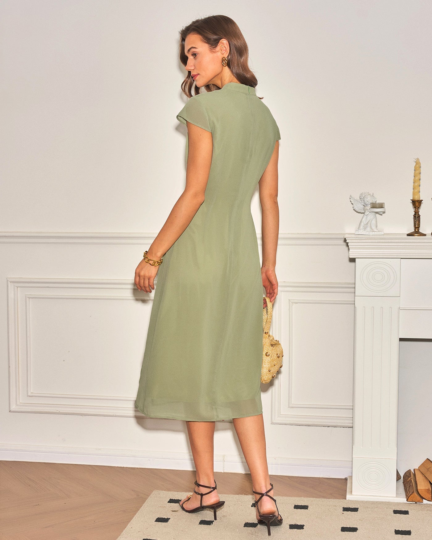 Vestido Midi de Gasa con Cuello Mao
