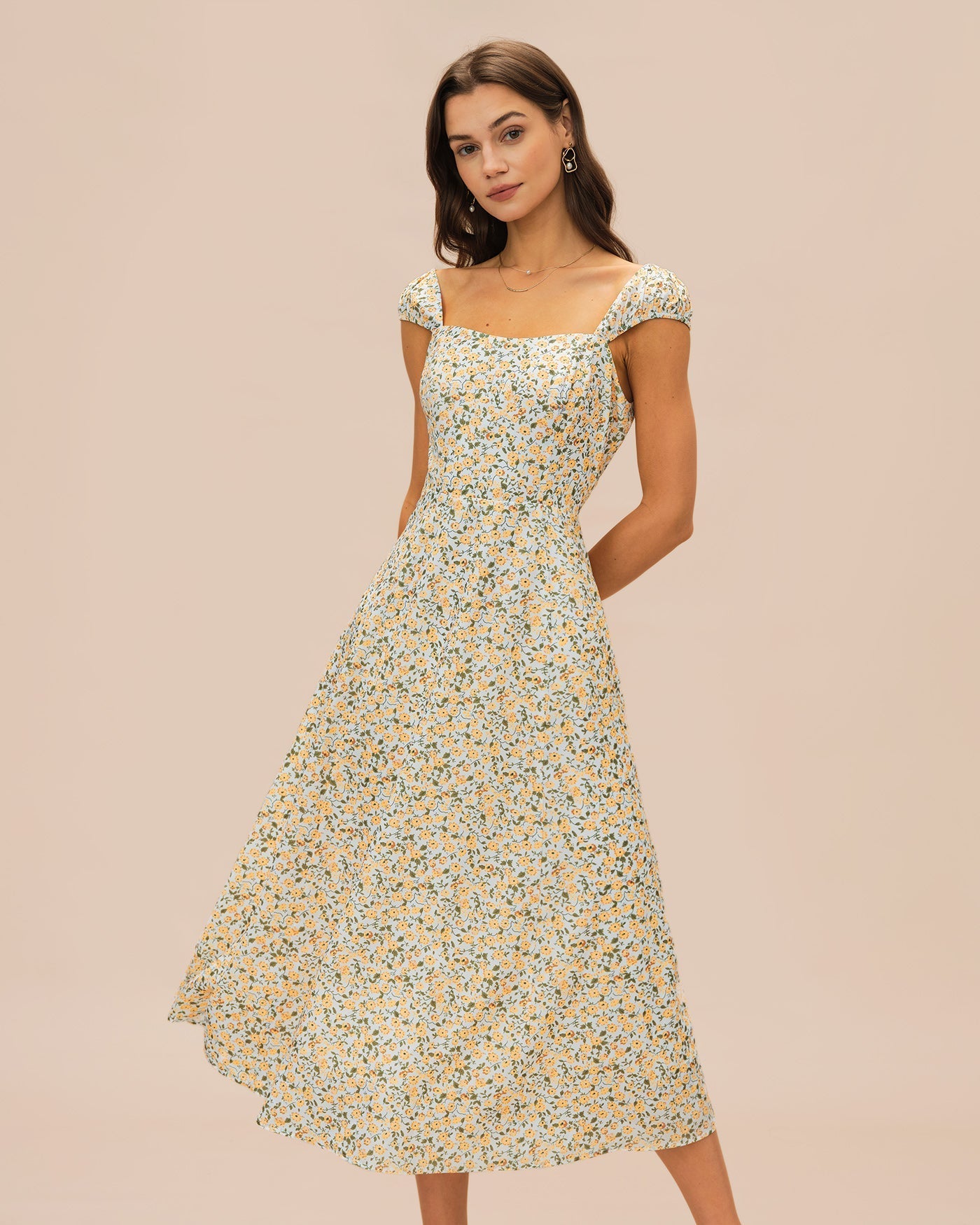 Vestido Midi Floral Escote Cuadrado — Amarillo