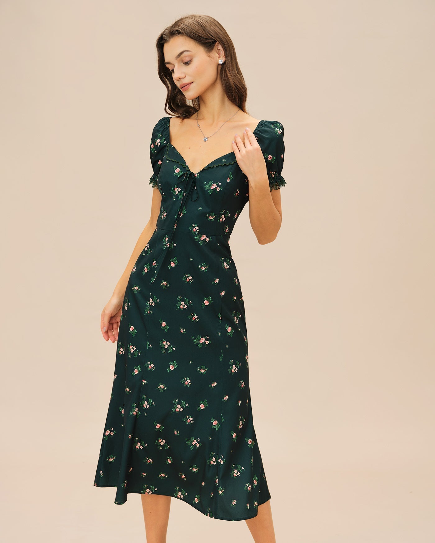 Vestido Midi Floral Manga Abullonada — Verde