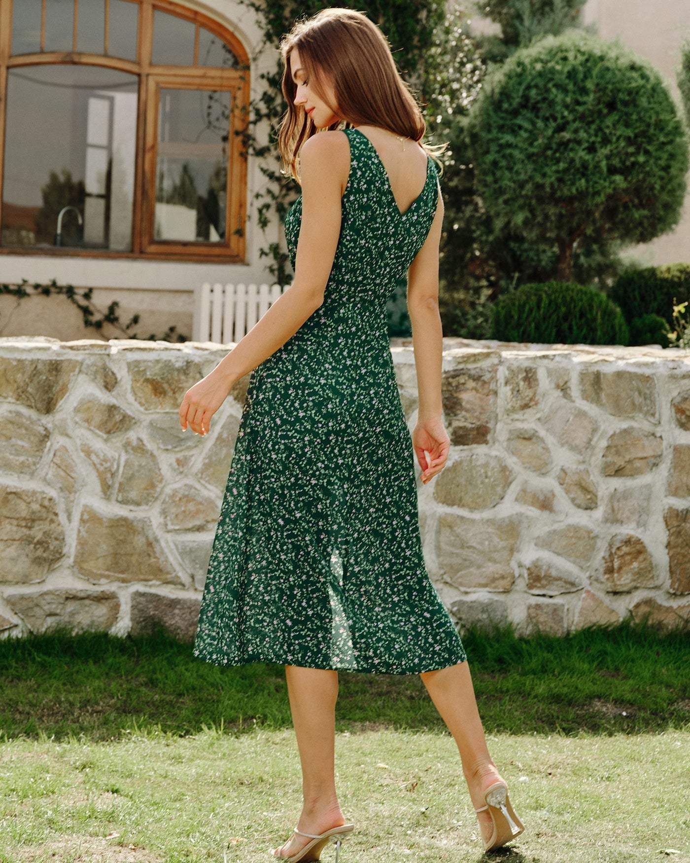 Vestido Midi Floral Escote en V — Verde