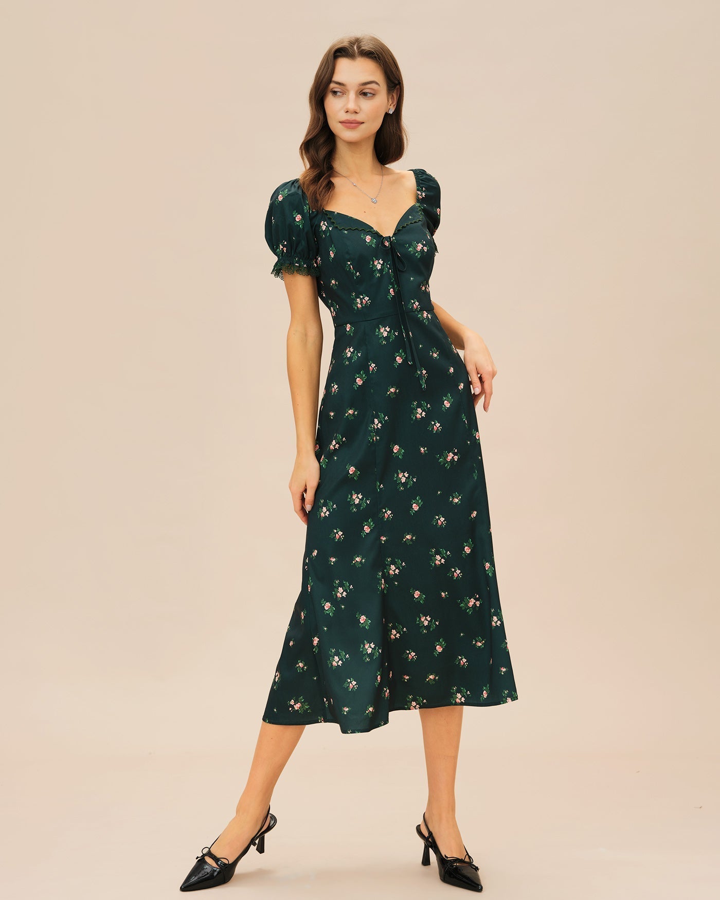 Vestido Midi Floral Manga Abullonada — Verde