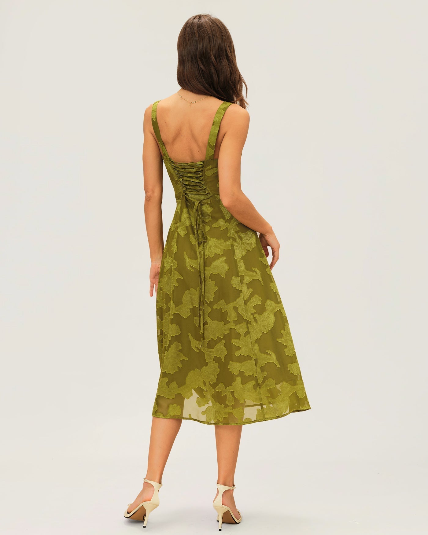 Vestido Midi Jacquard Escote Cuadrado — Verde