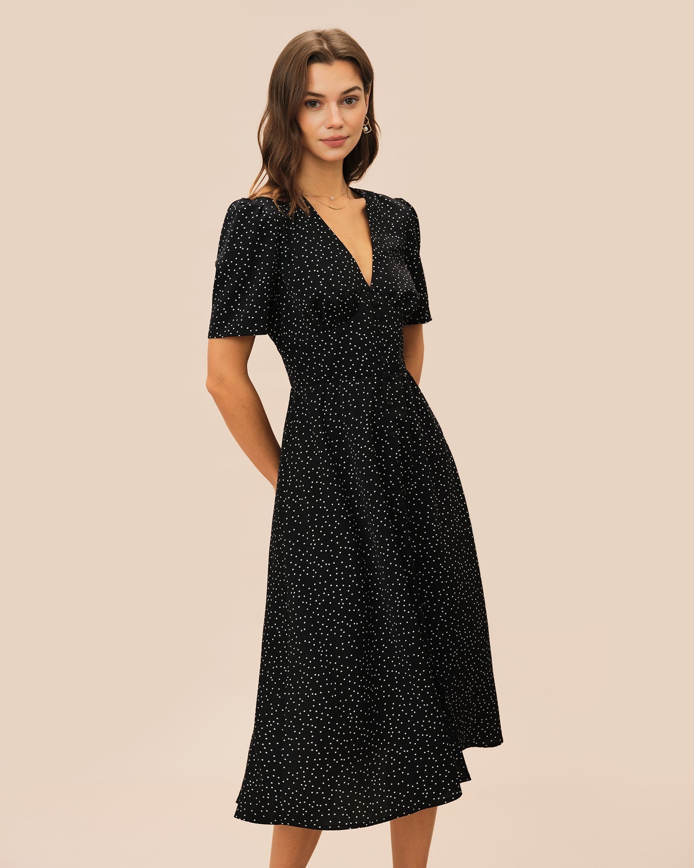 Vestido Midi de Lunares Manga Abullonada — Negro
