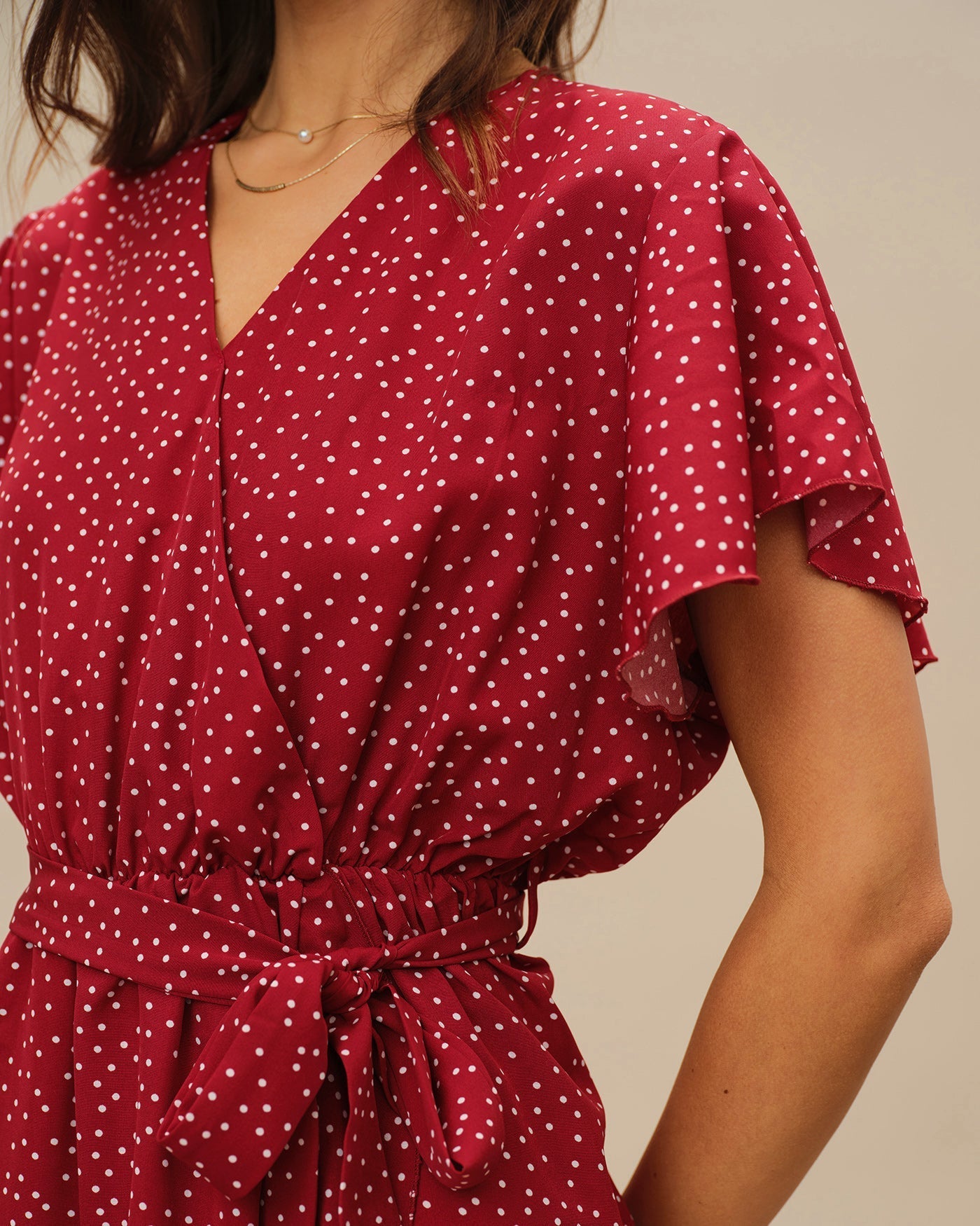 Vestido Midi de Lunares Manga Mariposa — Rojo