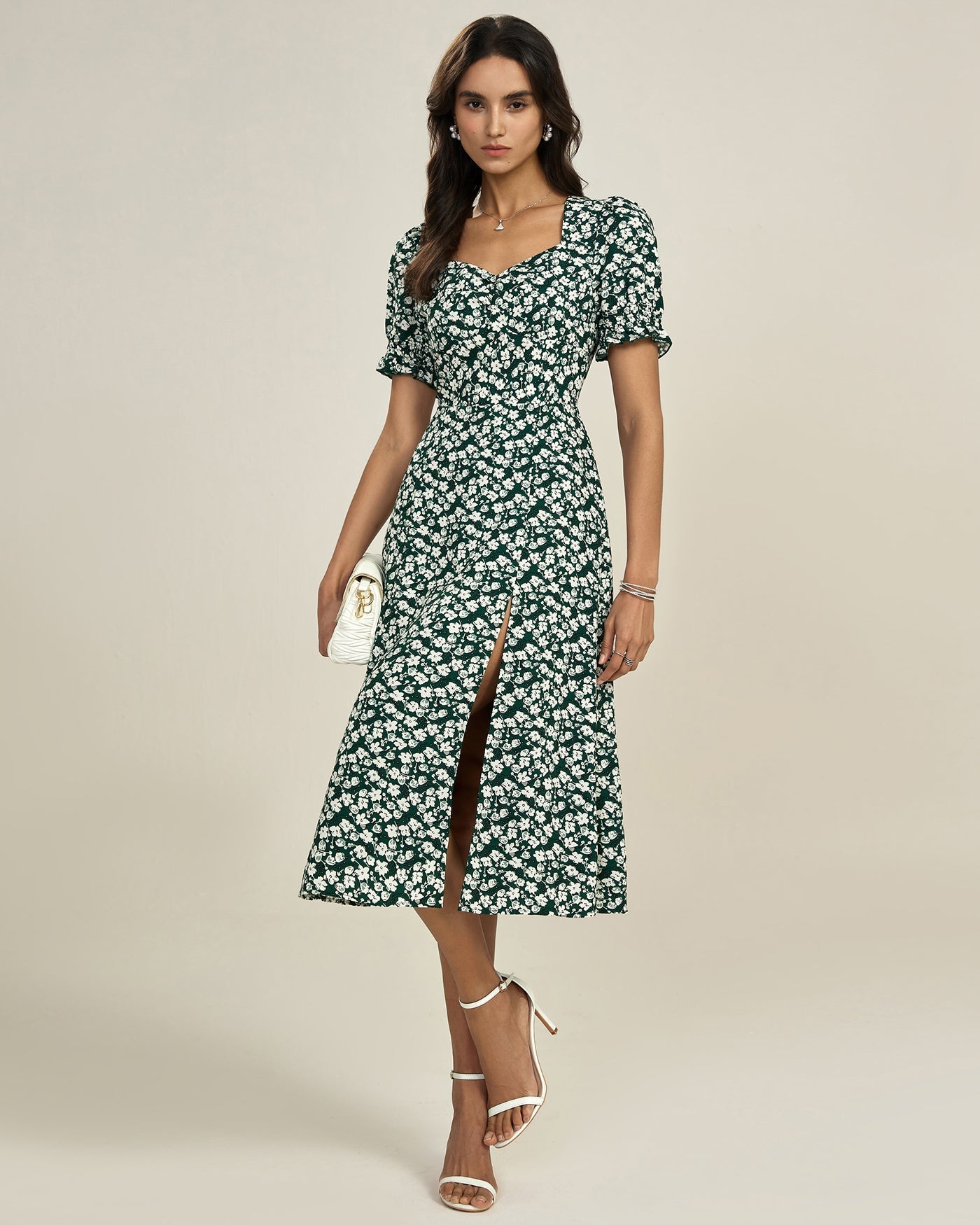 Vestido Midi Floral Escote en V — Verde