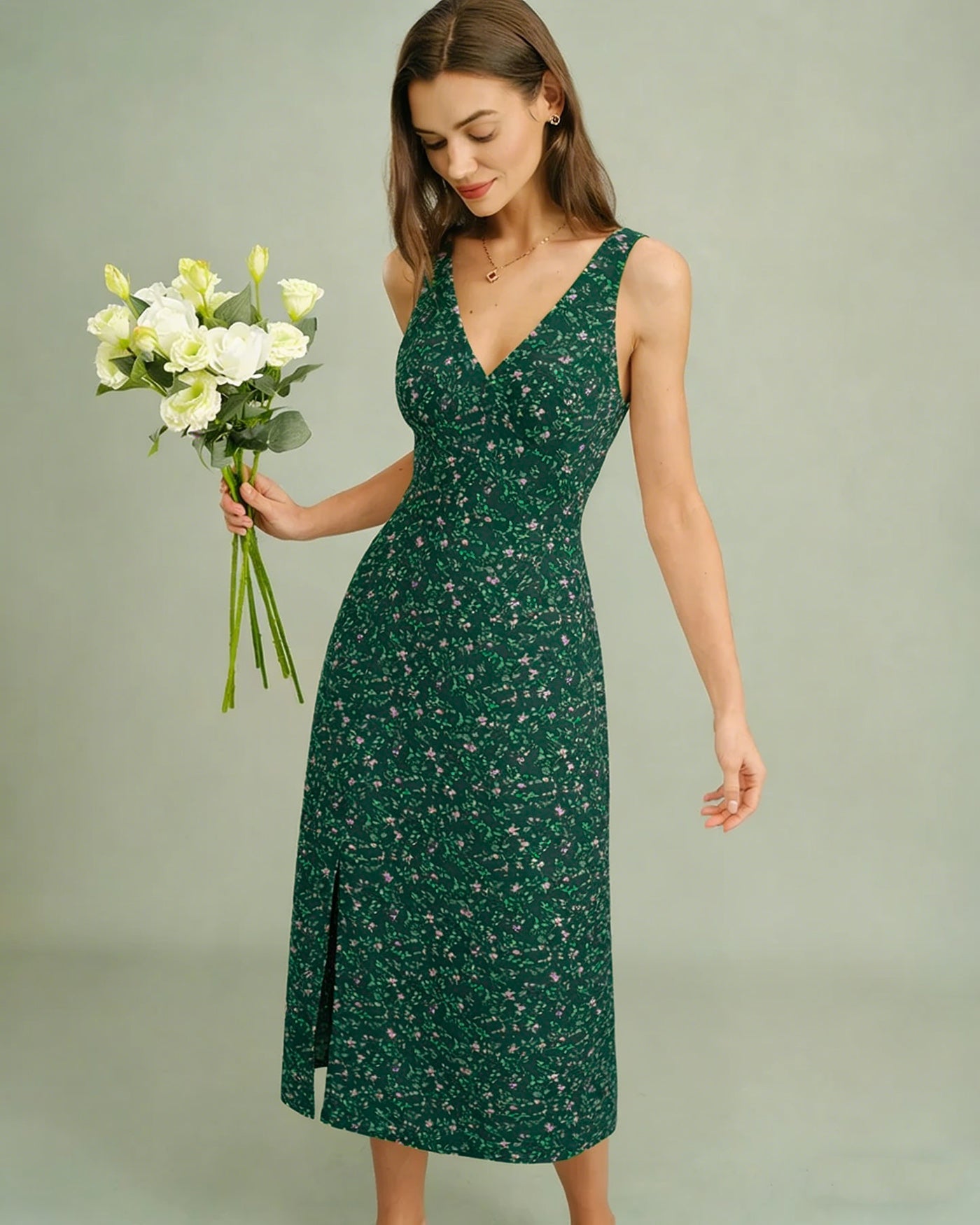 Vestido Midi Floral Escote en V — Verde