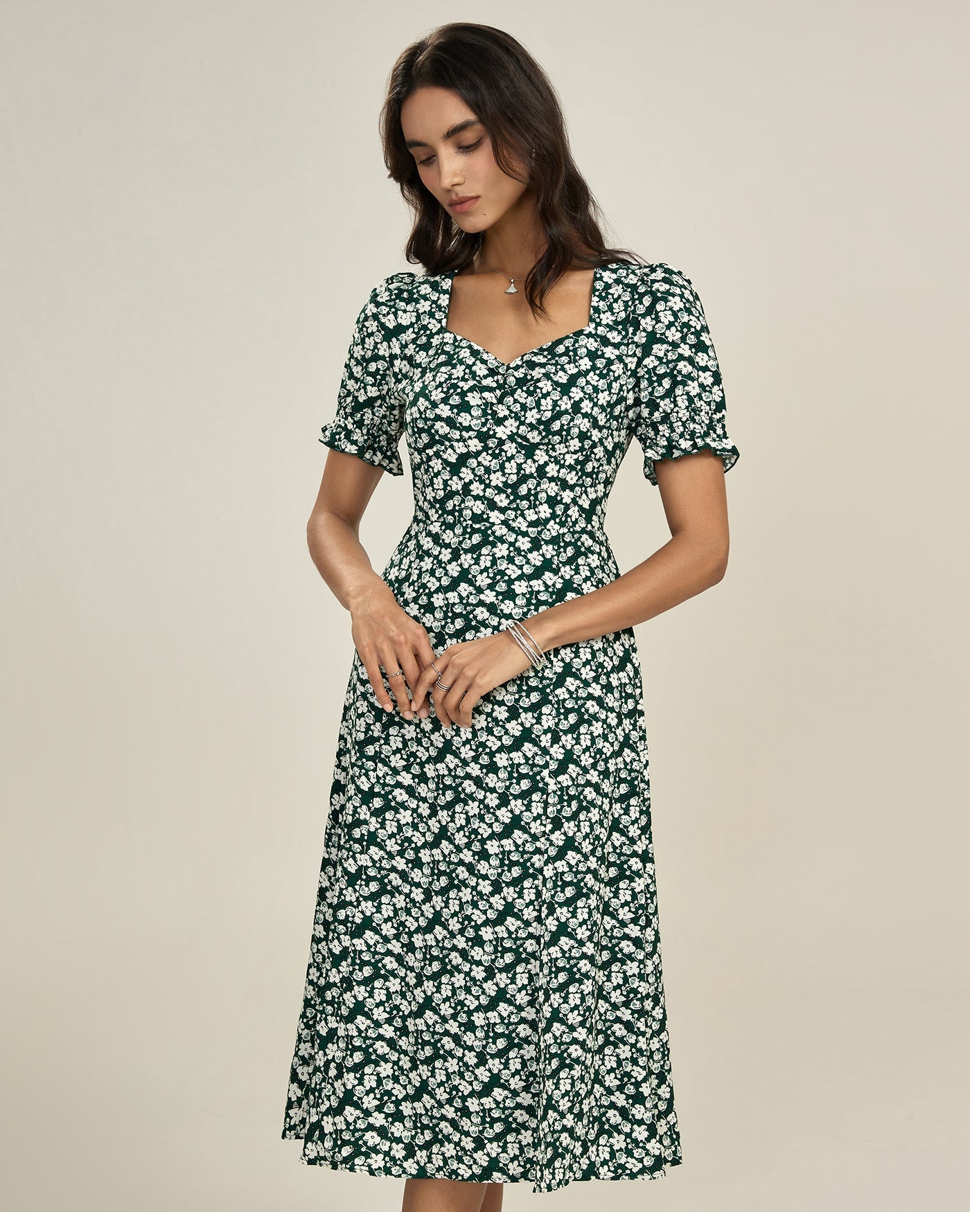 Vestido Midi Floral Escote en V — Verde