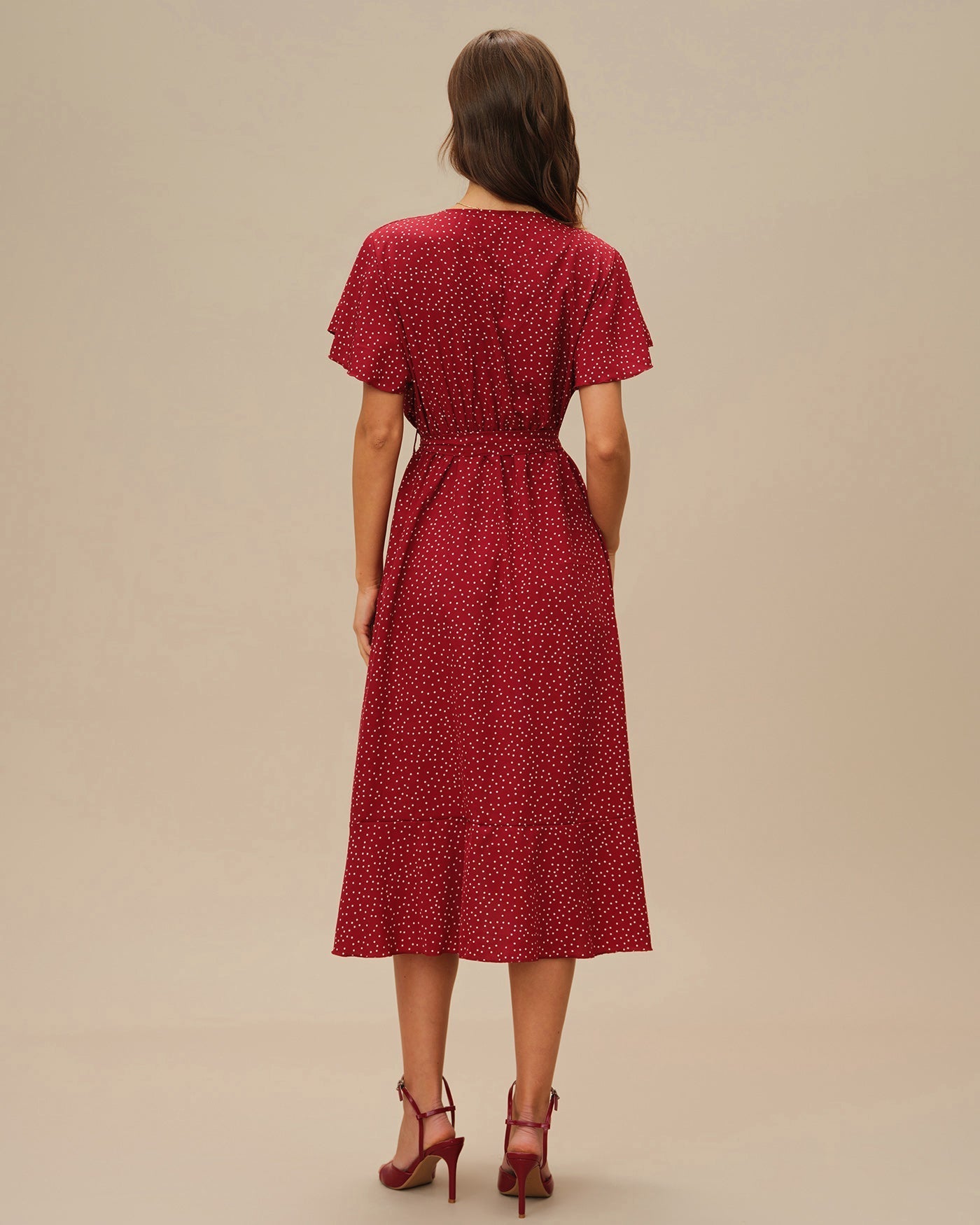 Vestido Midi de Lunares Manga Mariposa — Rojo