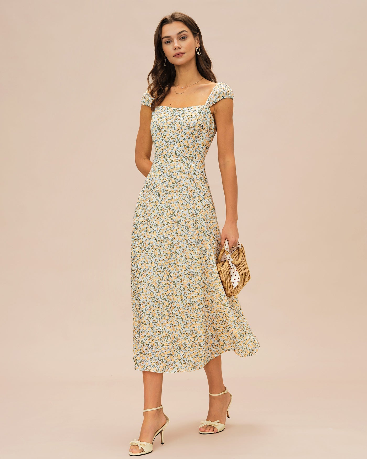 Vestido Midi Floral Escote Cuadrado — Amarillo