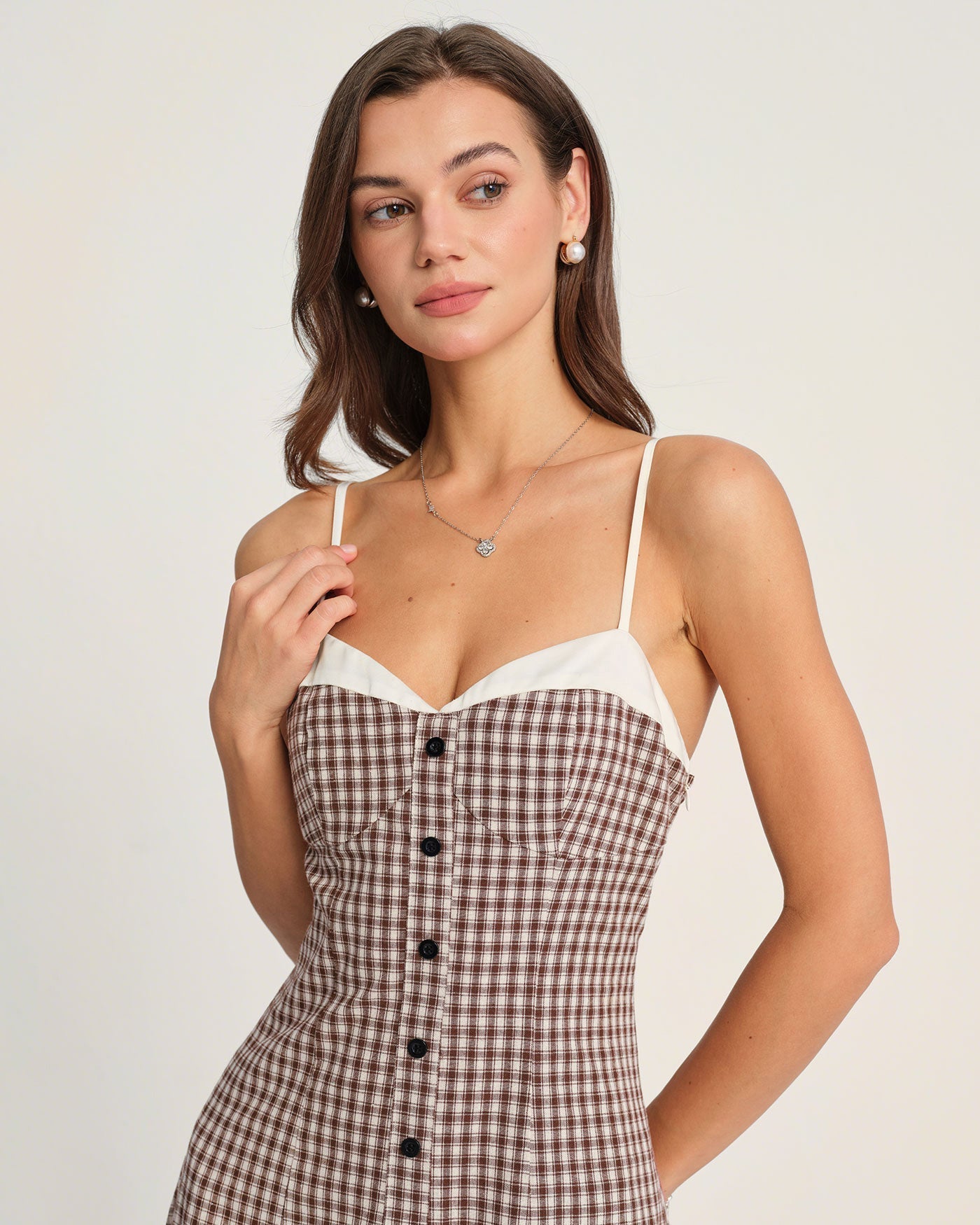 Vestido Midi Slip de Cuadros — Café