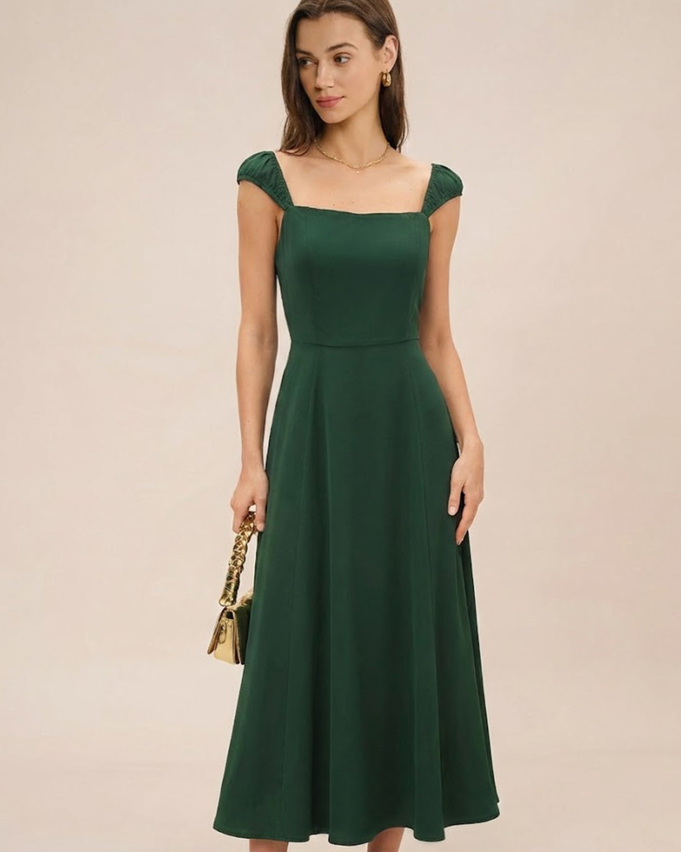 Vestido Midi Escote Cuadrado Manga Casquillo — Verde