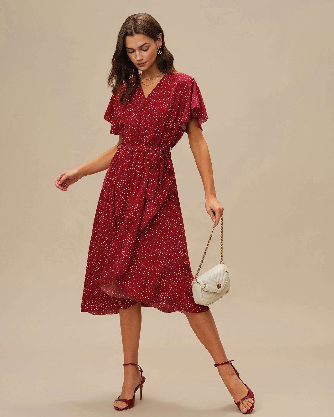 Vestido Midi de Lunares Manga Mariposa — Rojo