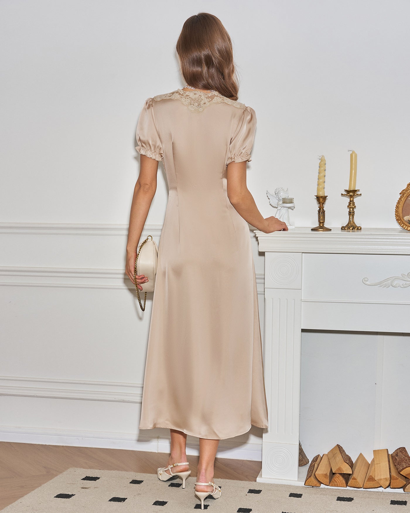 Vestido Midi de Encaje con Manga Abullonada — Albaricoque