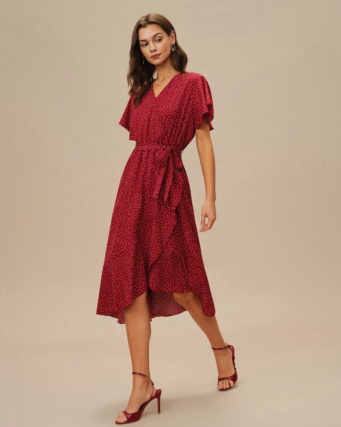 Vestido Midi de Lunares Manga Mariposa — Rojo