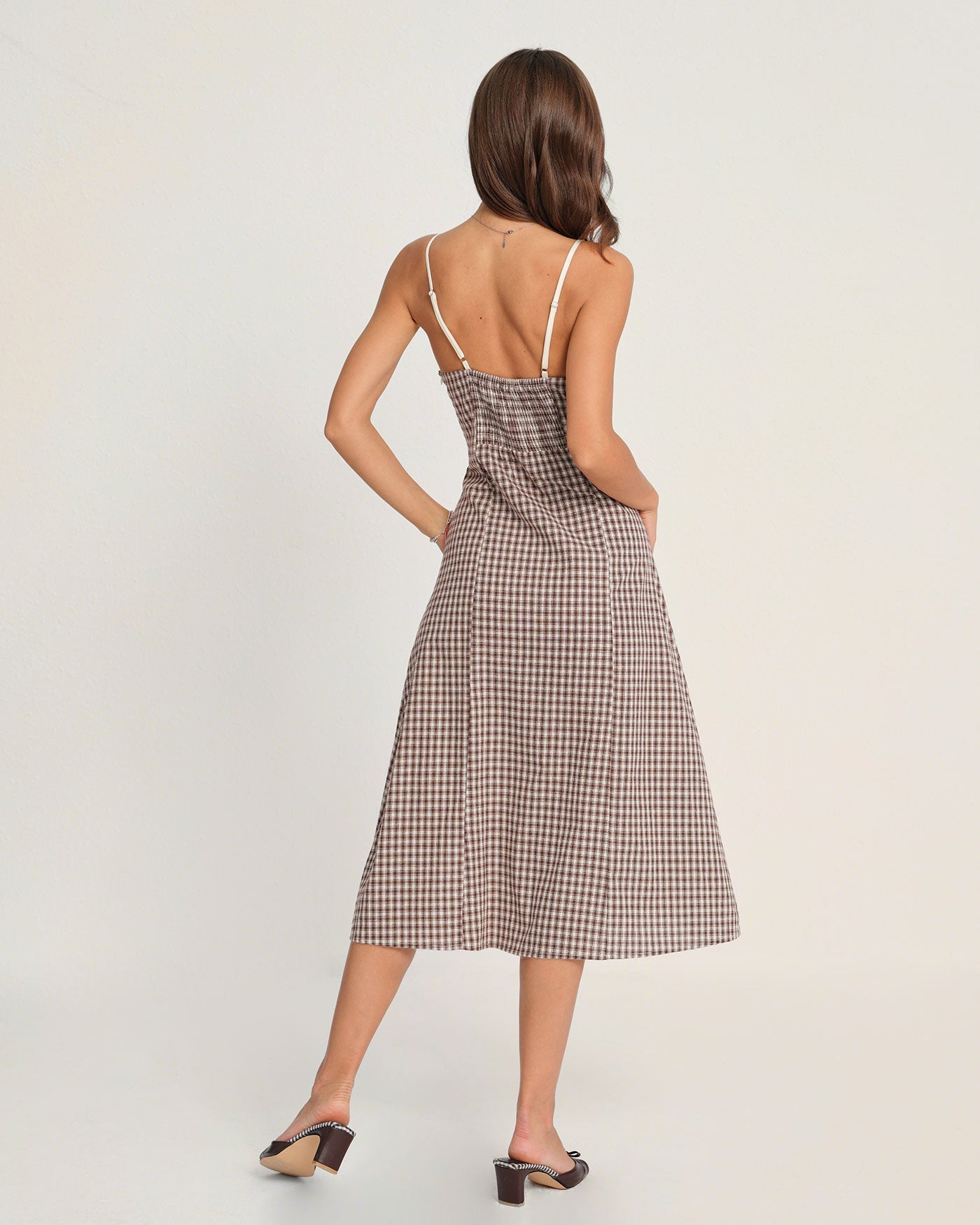 Vestido Midi Slip de Cuadros — Café