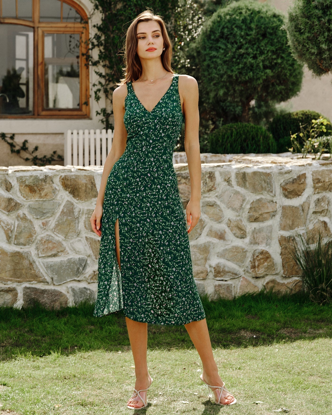 Vestido Midi Floral Escote en V — Verde