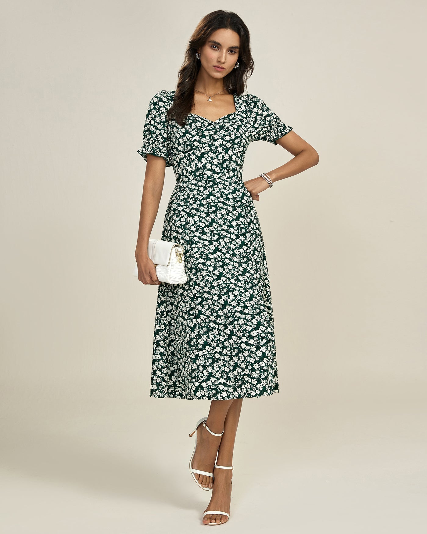 Vestido Midi Floral Escote en V — Verde