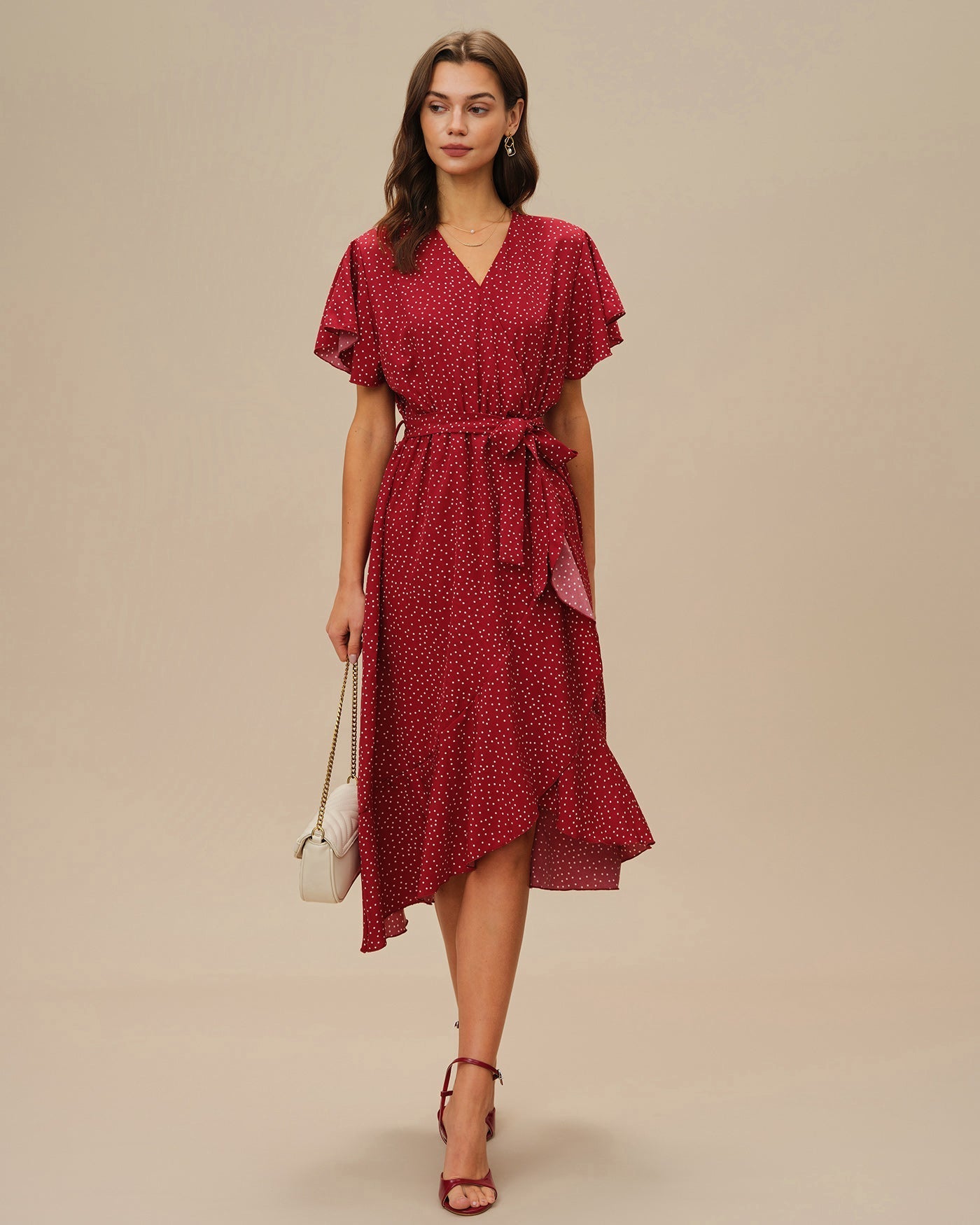 Vestido Midi de Lunares Manga Mariposa — Rojo